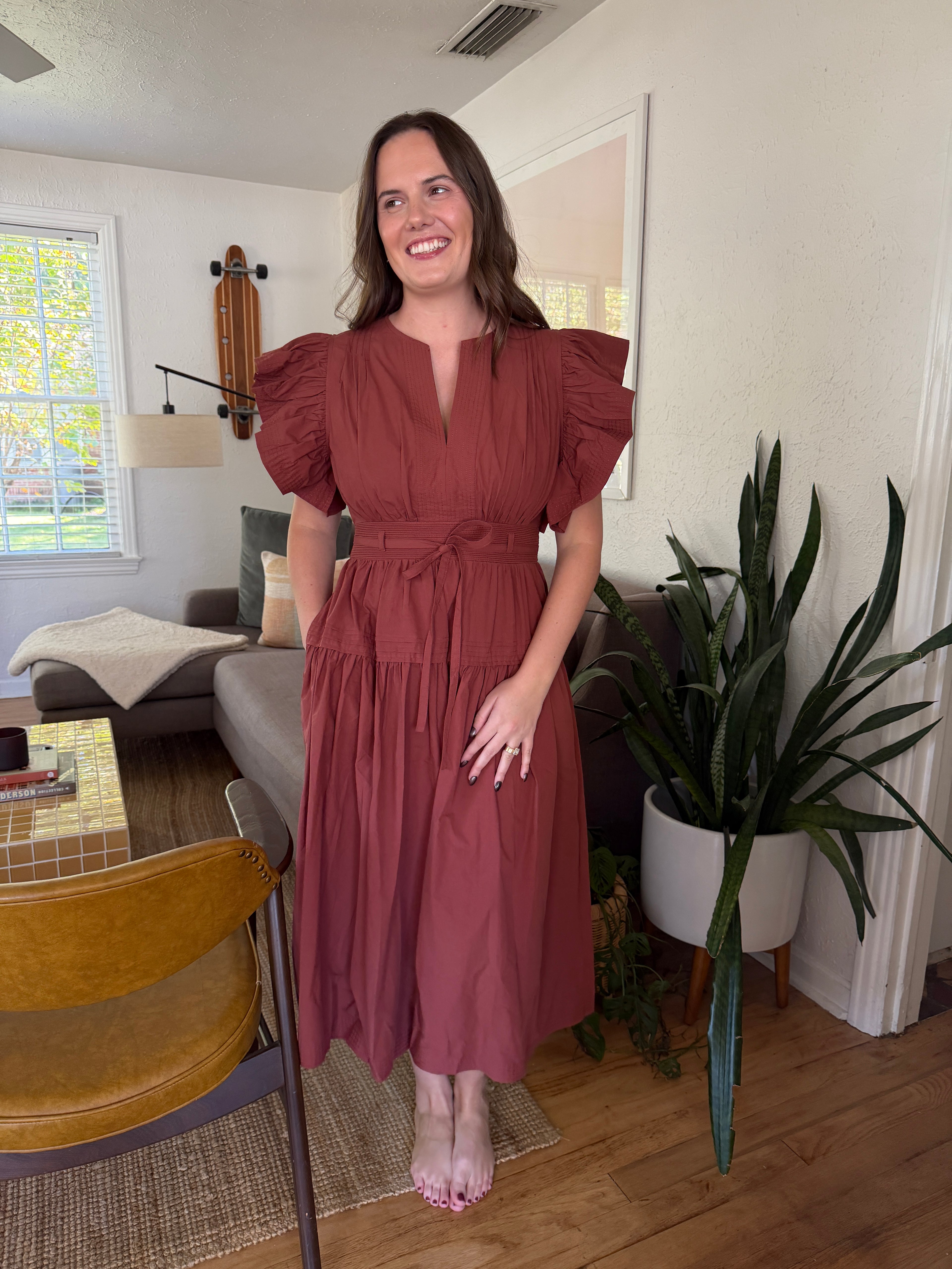 Juliette Rust Flutter Sleeve Belted Tiered Midi Dress