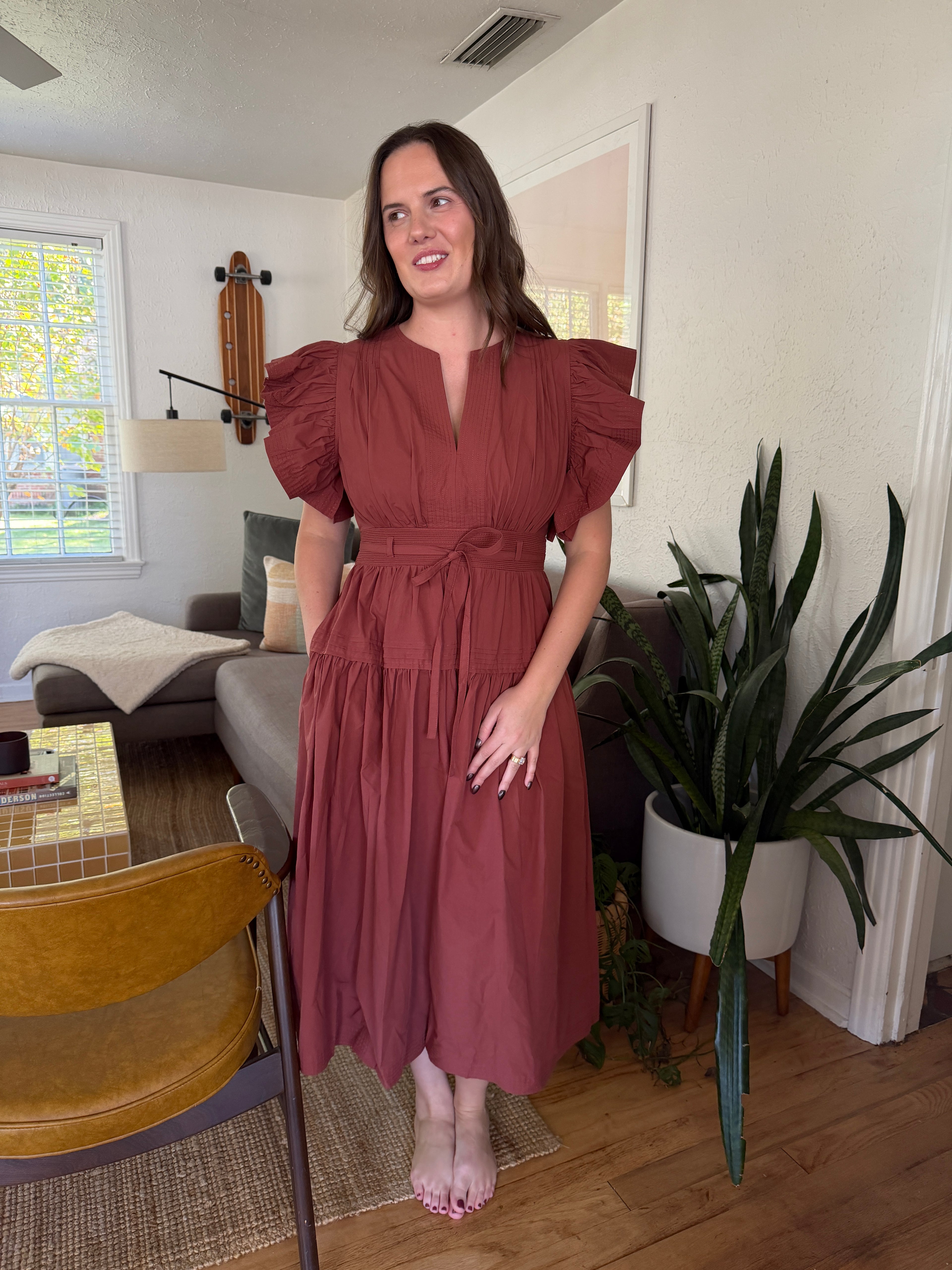 Juliette Rust Flutter Sleeve Belted Tiered Midi Dress