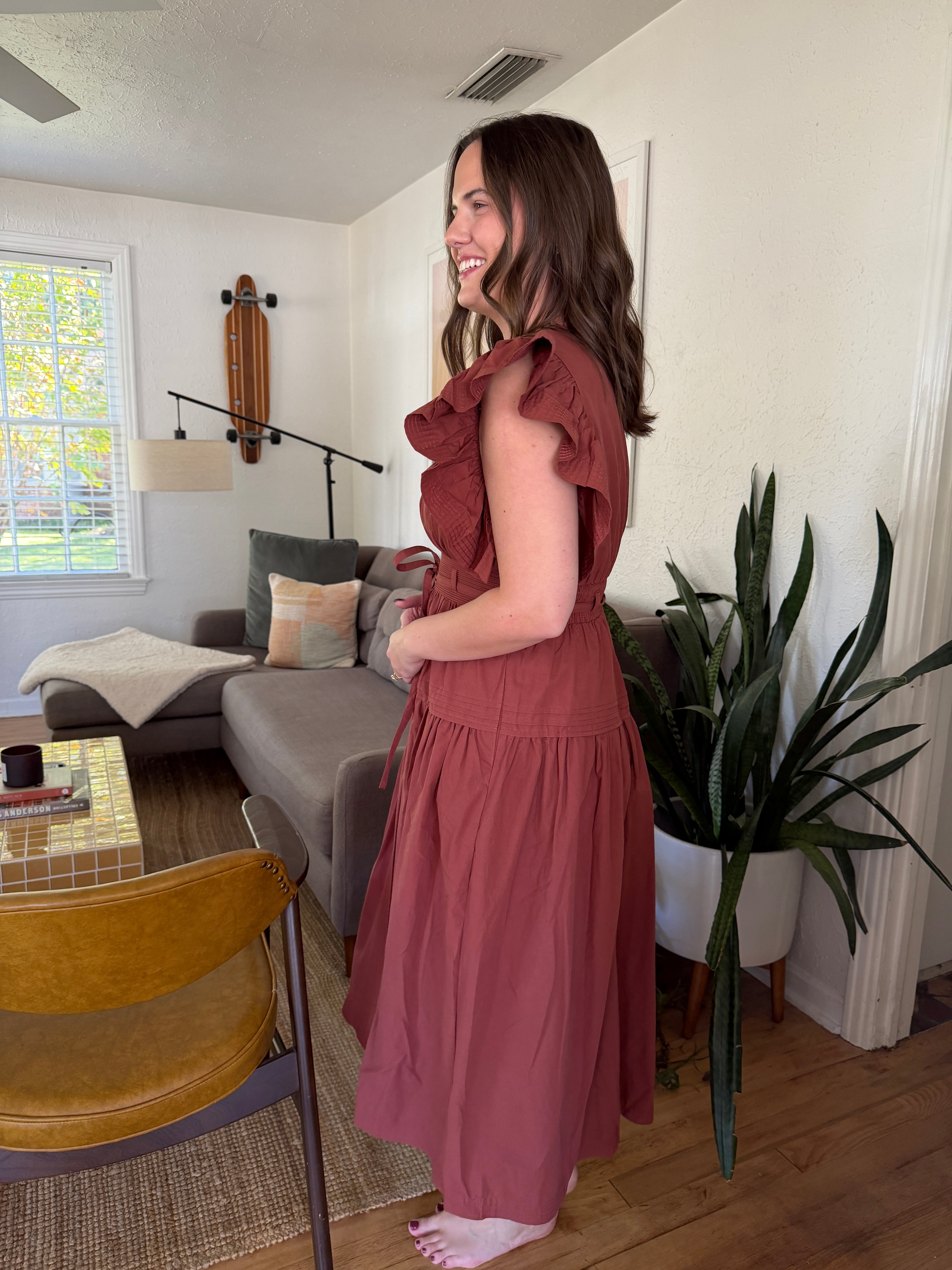 Juliette Rust Flutter Sleeve Belted Tiered Midi Dress