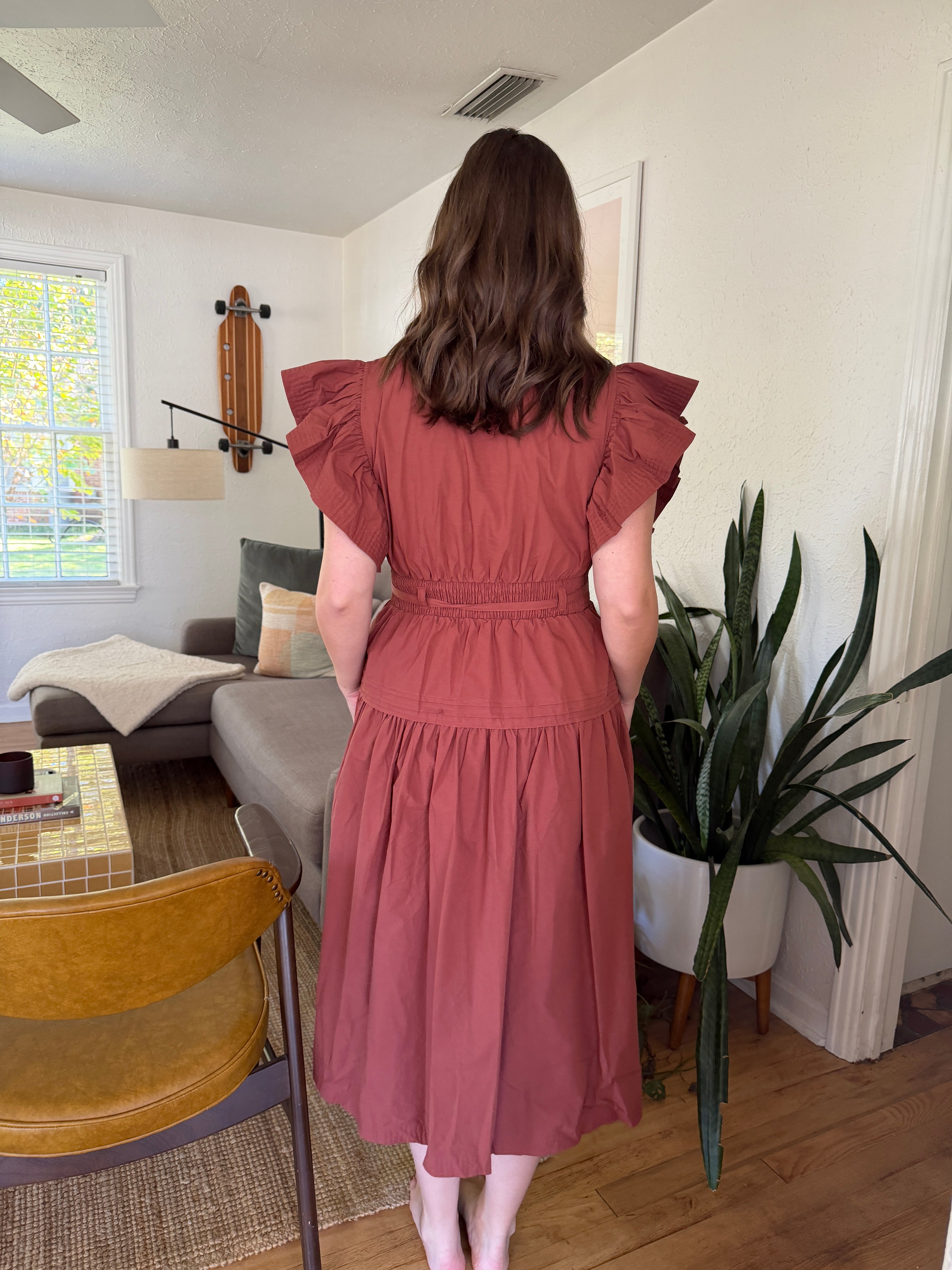 Juliette Rust Flutter Sleeve Belted Tiered Midi Dress