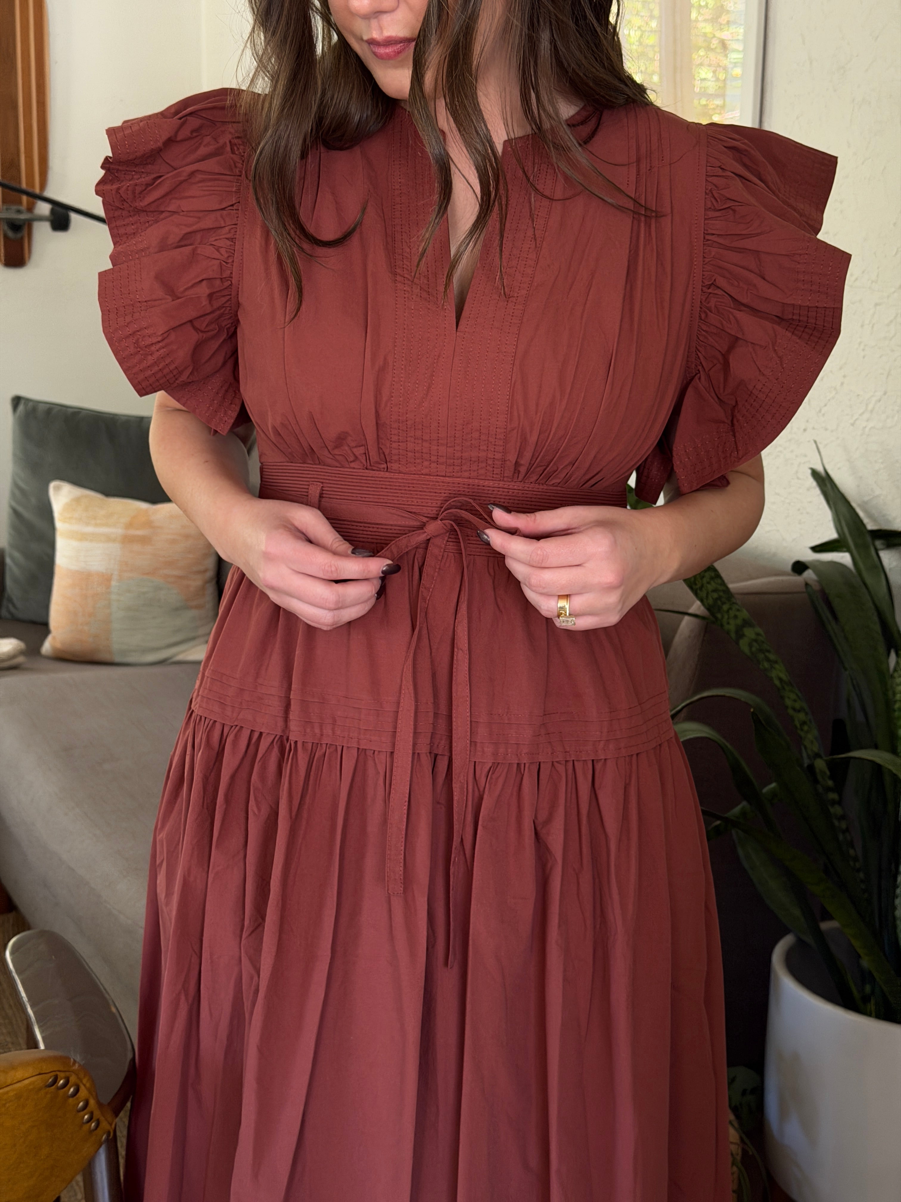 Juliette Rust Flutter Sleeve Belted Tiered Midi Dress