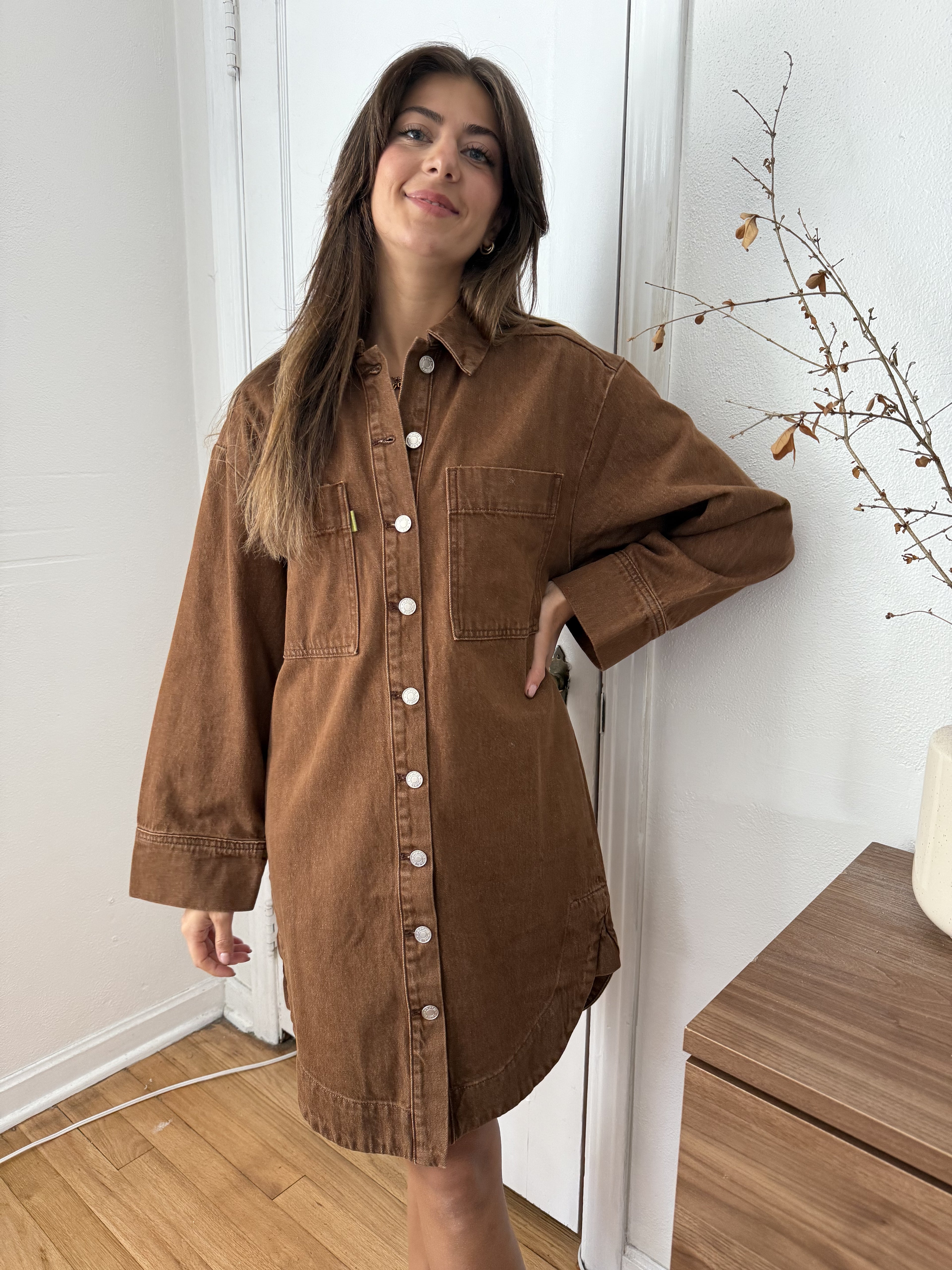 brown button up shirt dress Brown Cotton Blend Midi Shirt Dress with A-Line Tailored Fit 3701 Brown / XS
