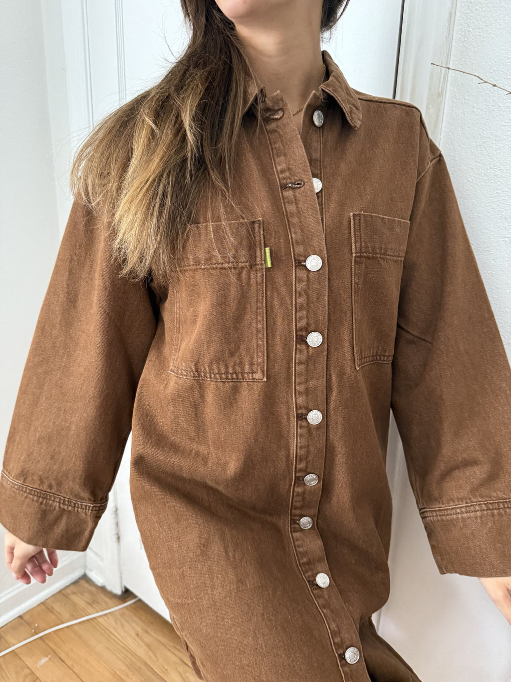 shirt dress brown FRNCH Domitille Camel Denim Buttoned Shirt Mini Dress (M) – Momni Boutique