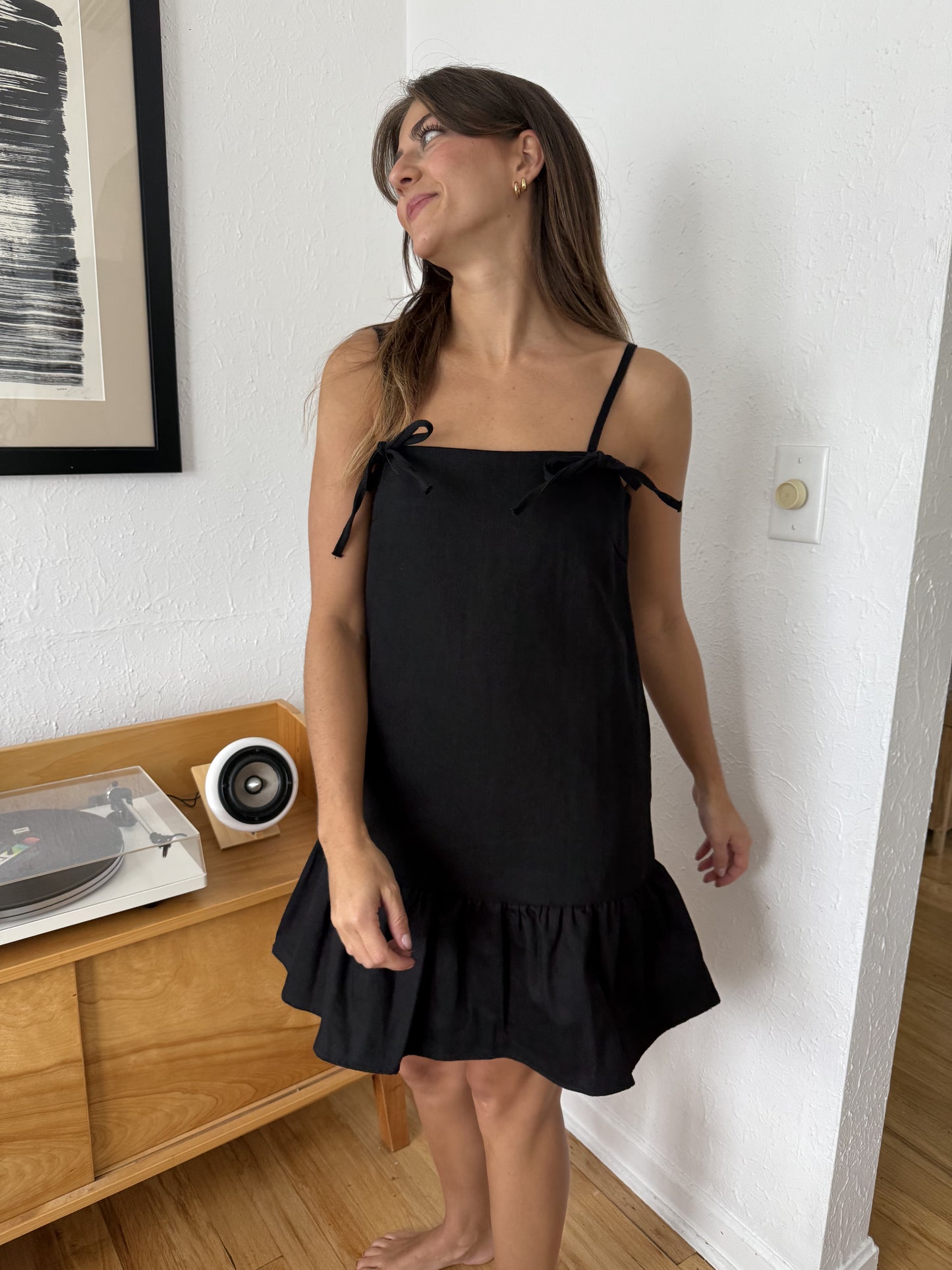 Aureum Kimberly Denim Tie Strap Mini Dress (Black)