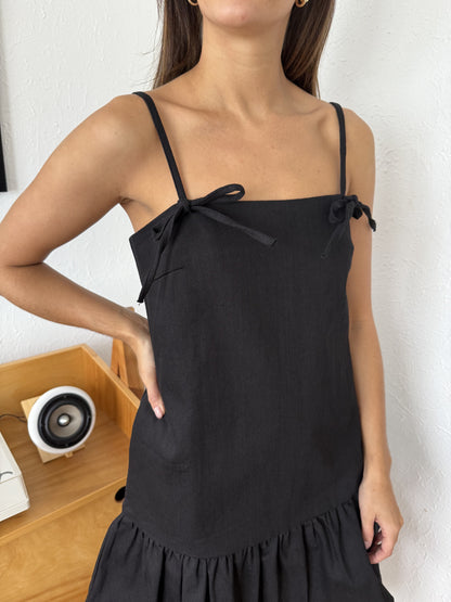 Aureum Kimberly Denim Tie Strap Mini Dress (Black)