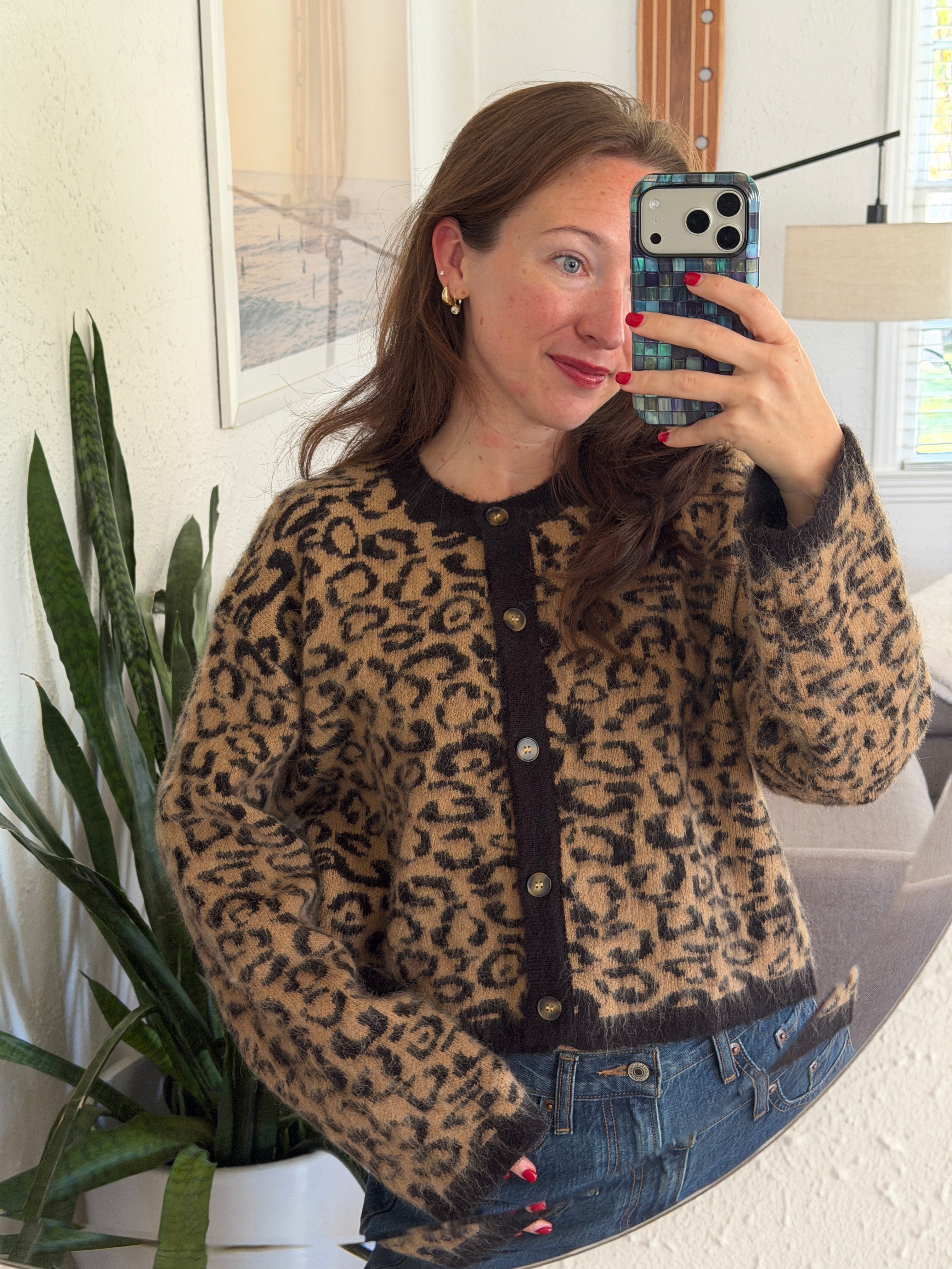 Miou Muse Brenna Leopard Print Buttoned Knit Cardigan