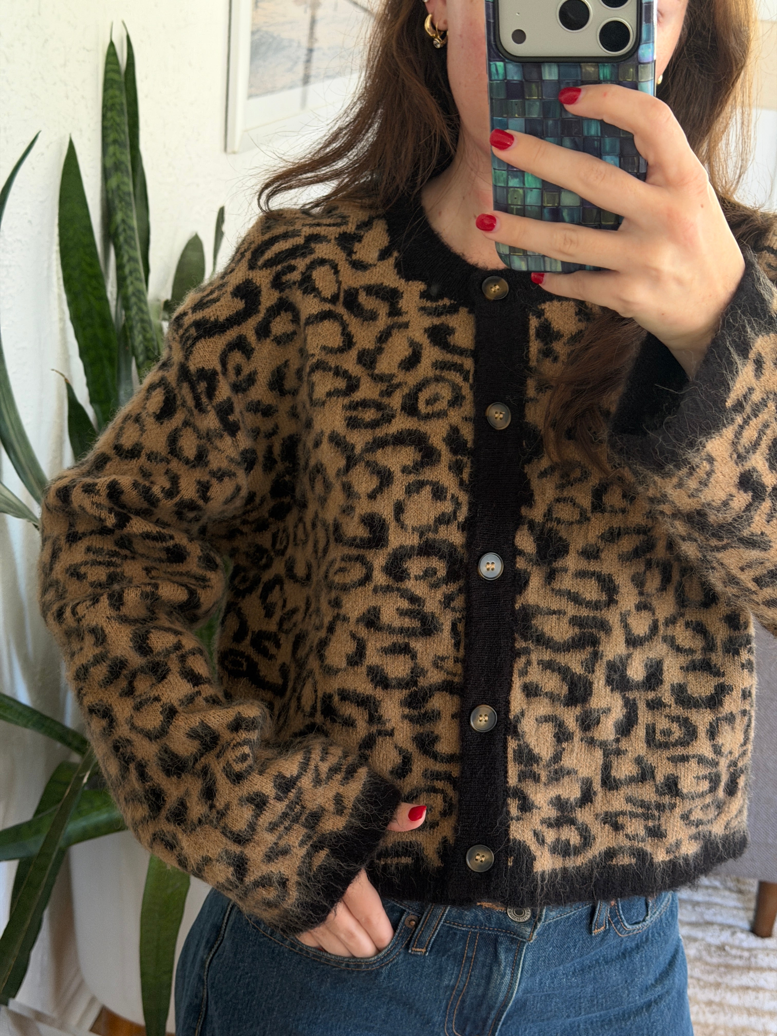 Miou Muse Brenna Leopard Print Buttoned Knit Cardigan