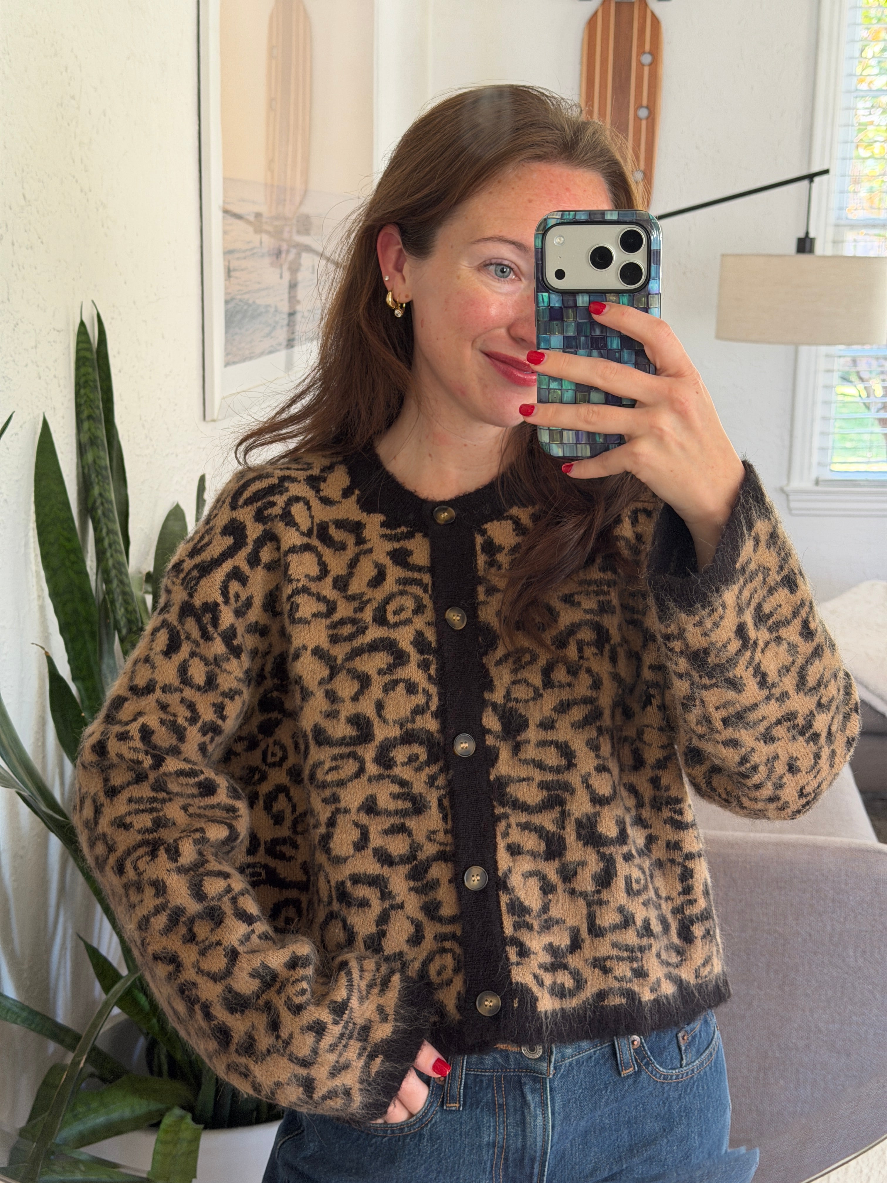 Miou Muse Brenna Leopard Print Buttoned Knit Cardigan