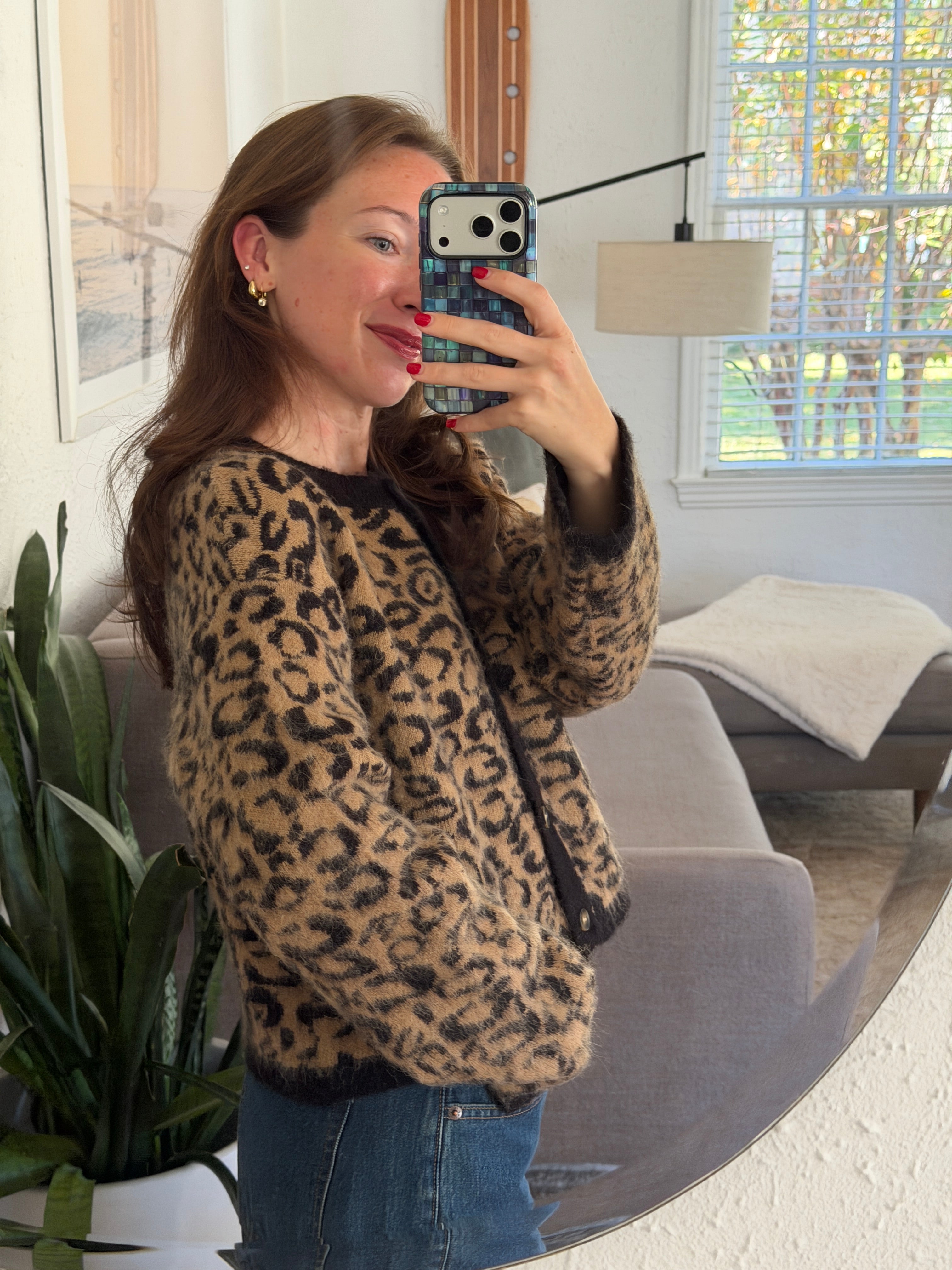 Miou Muse Brenna Leopard Print Buttoned Knit Cardigan