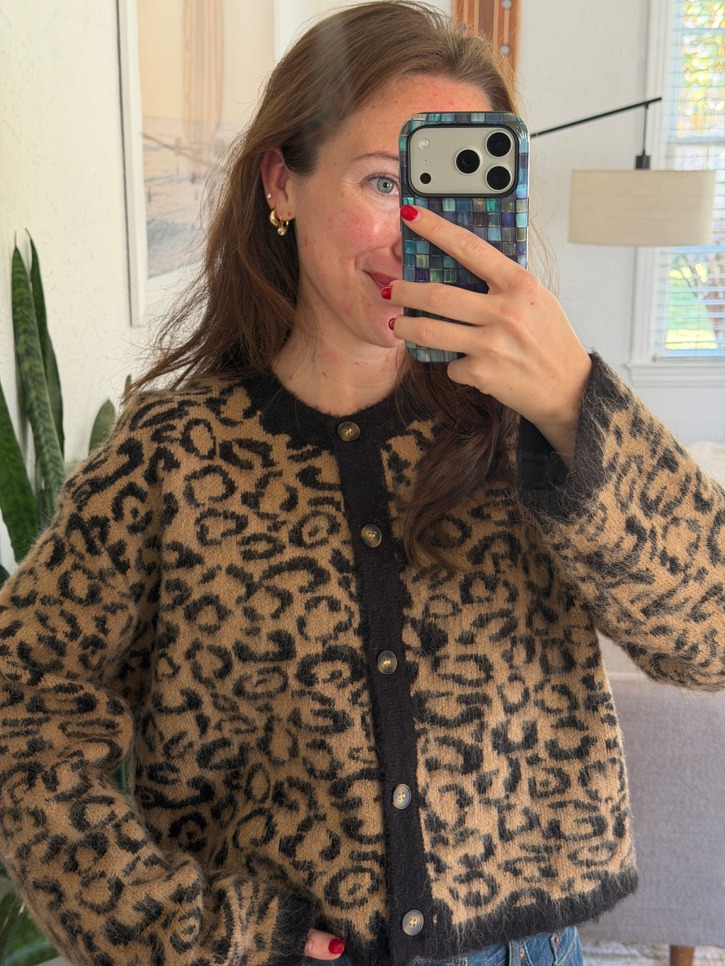 Miou Muse Brenna Leopard Print Buttoned Knit Cardigan