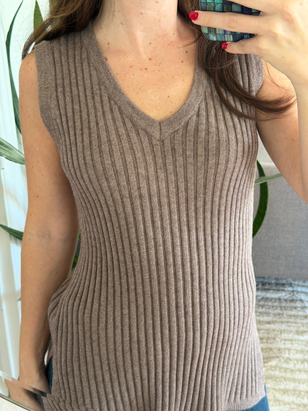 PINCH Bree Taupe Ribbed Knit Sleeveless Fitted Top