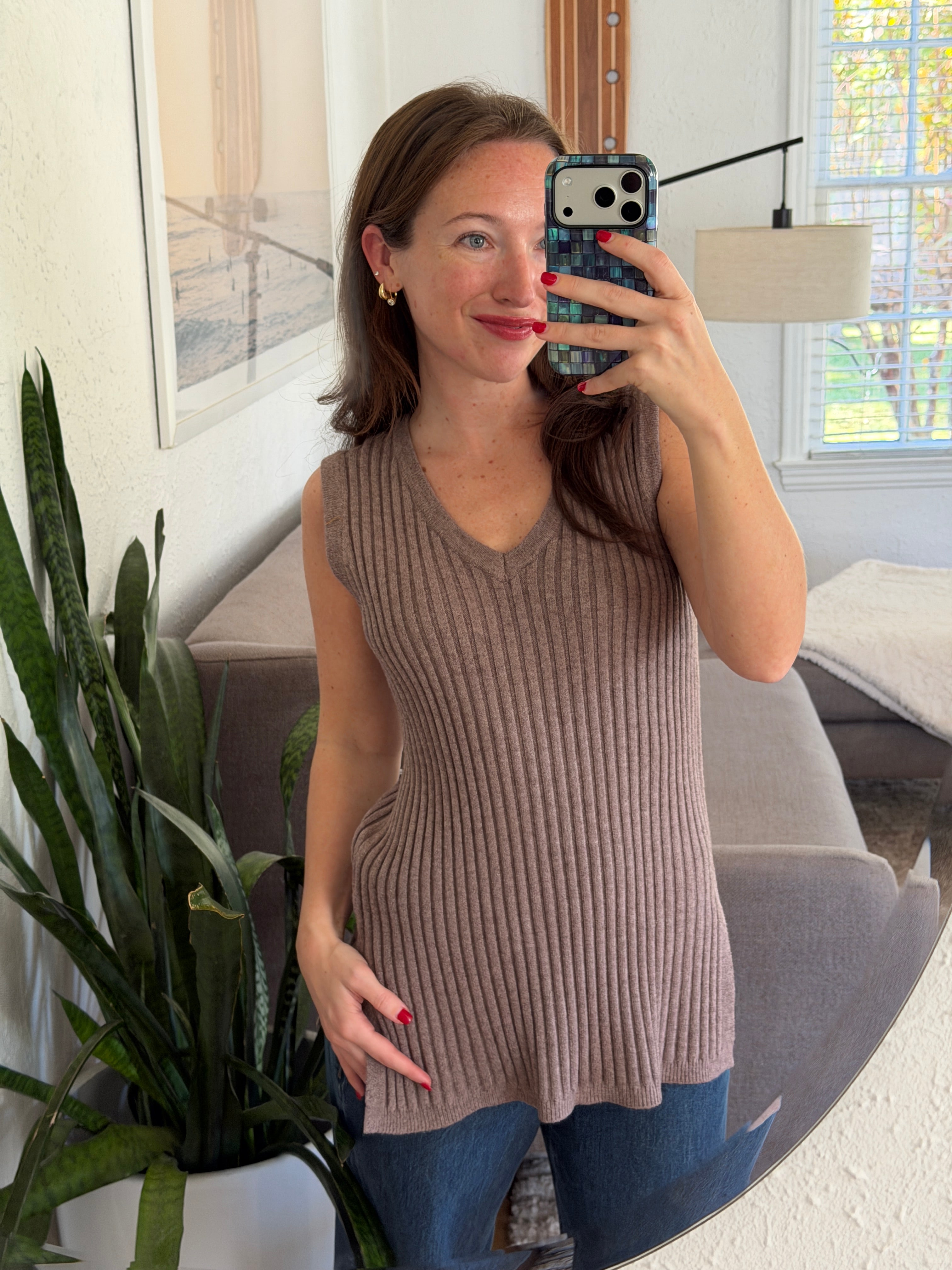 PINCH Bree Taupe Ribbed Knit Sleeveless Fitted Top