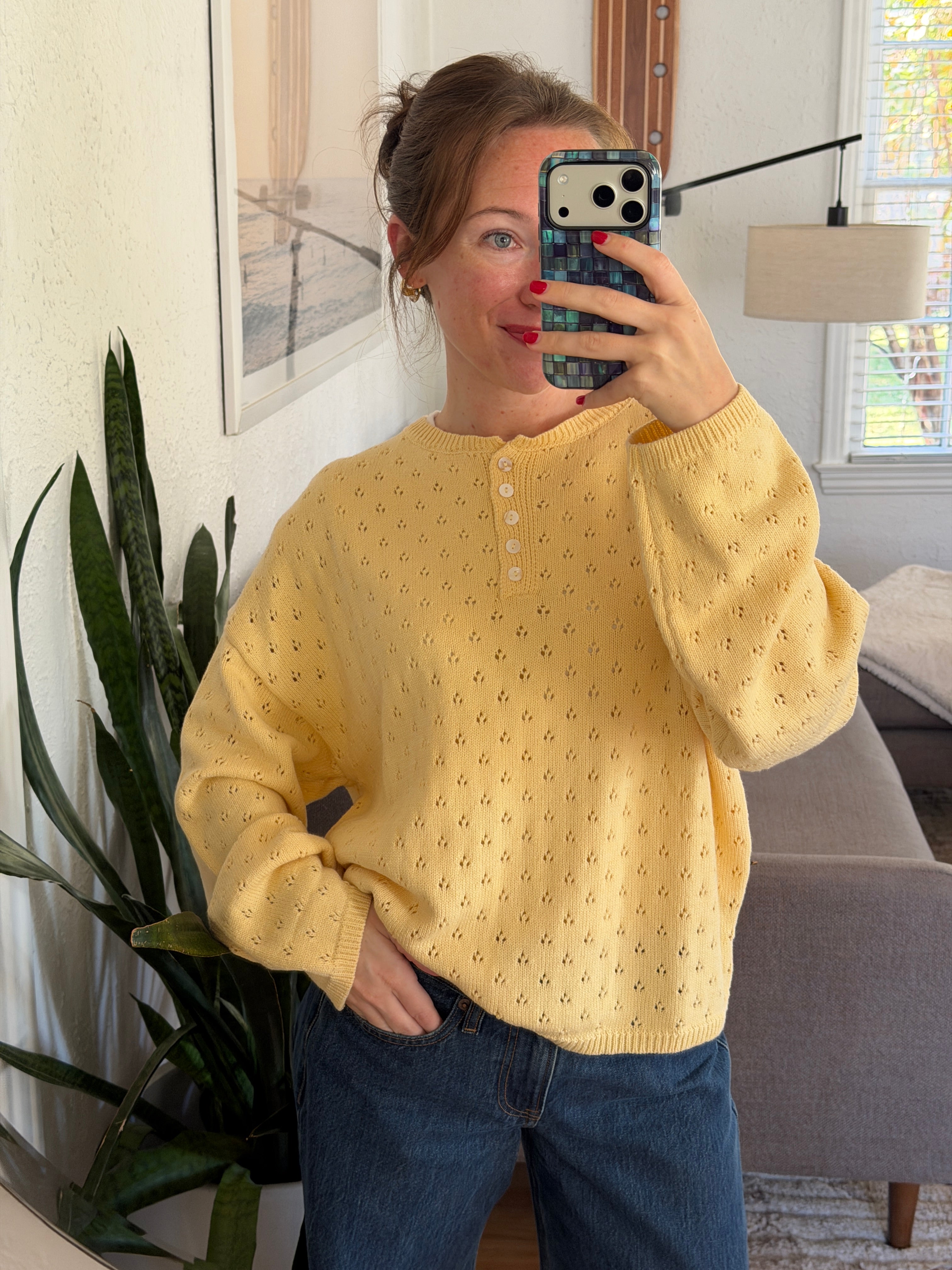 Things Between Amelia Butter Yellow Eyelet Henley Pullover