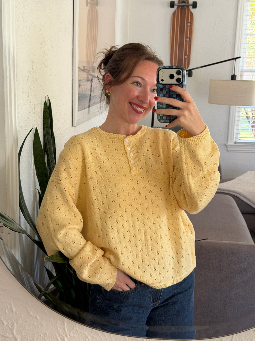 Things Between Amelia Butter Yellow Eyelet Henley Pullover