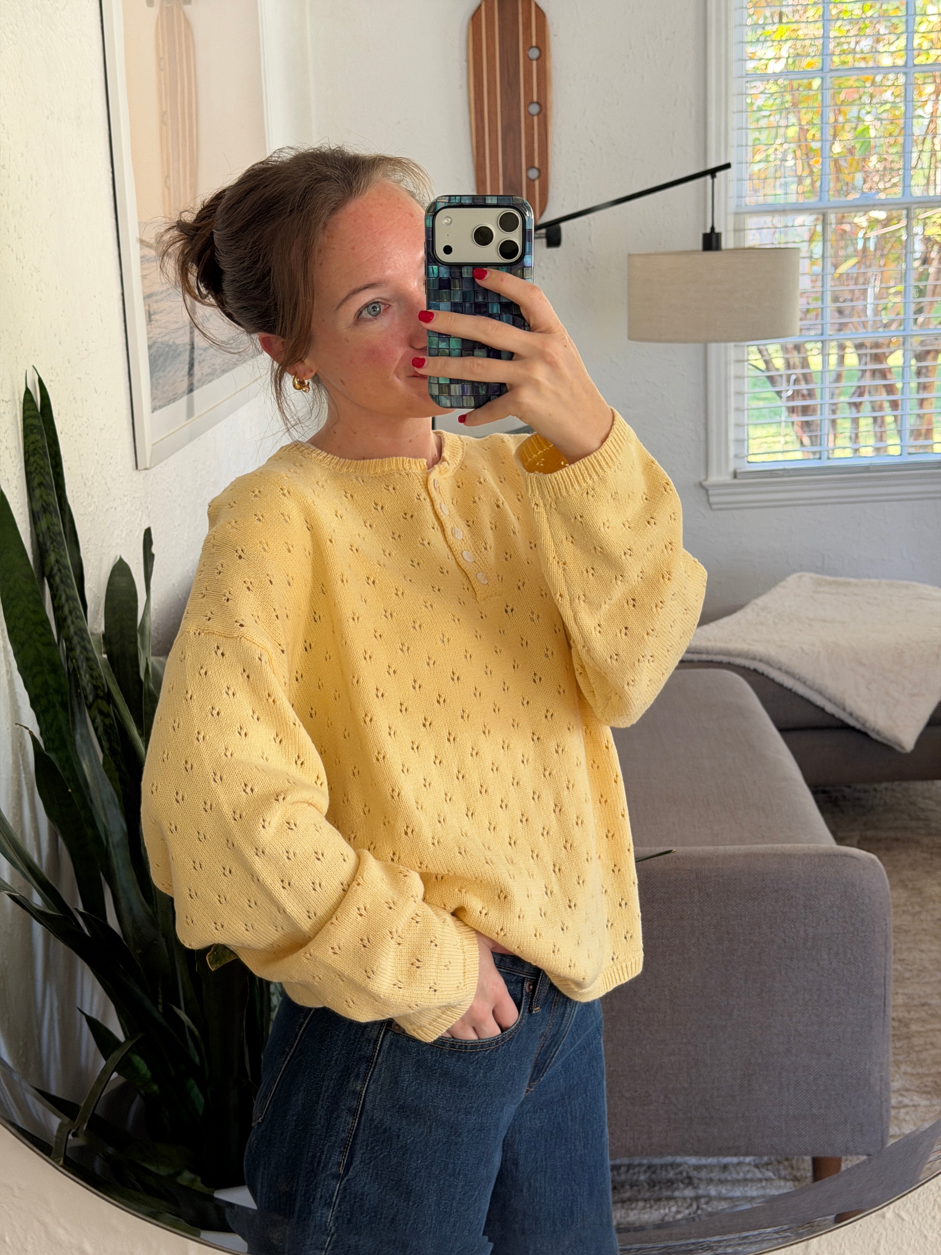 Things Between Amelia Butter Yellow Eyelet Henley Pullover
