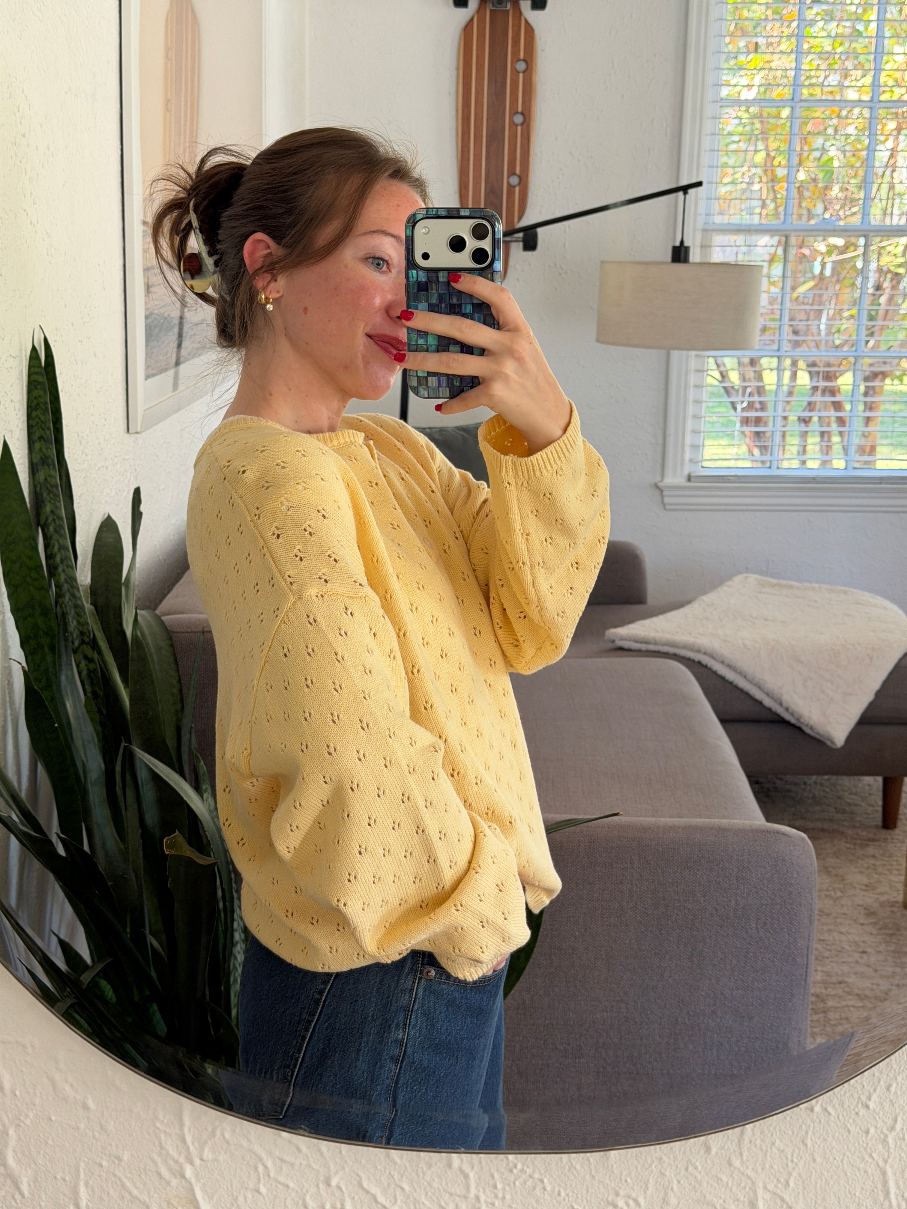Things Between Amelia Butter Yellow Eyelet Henley Pullover