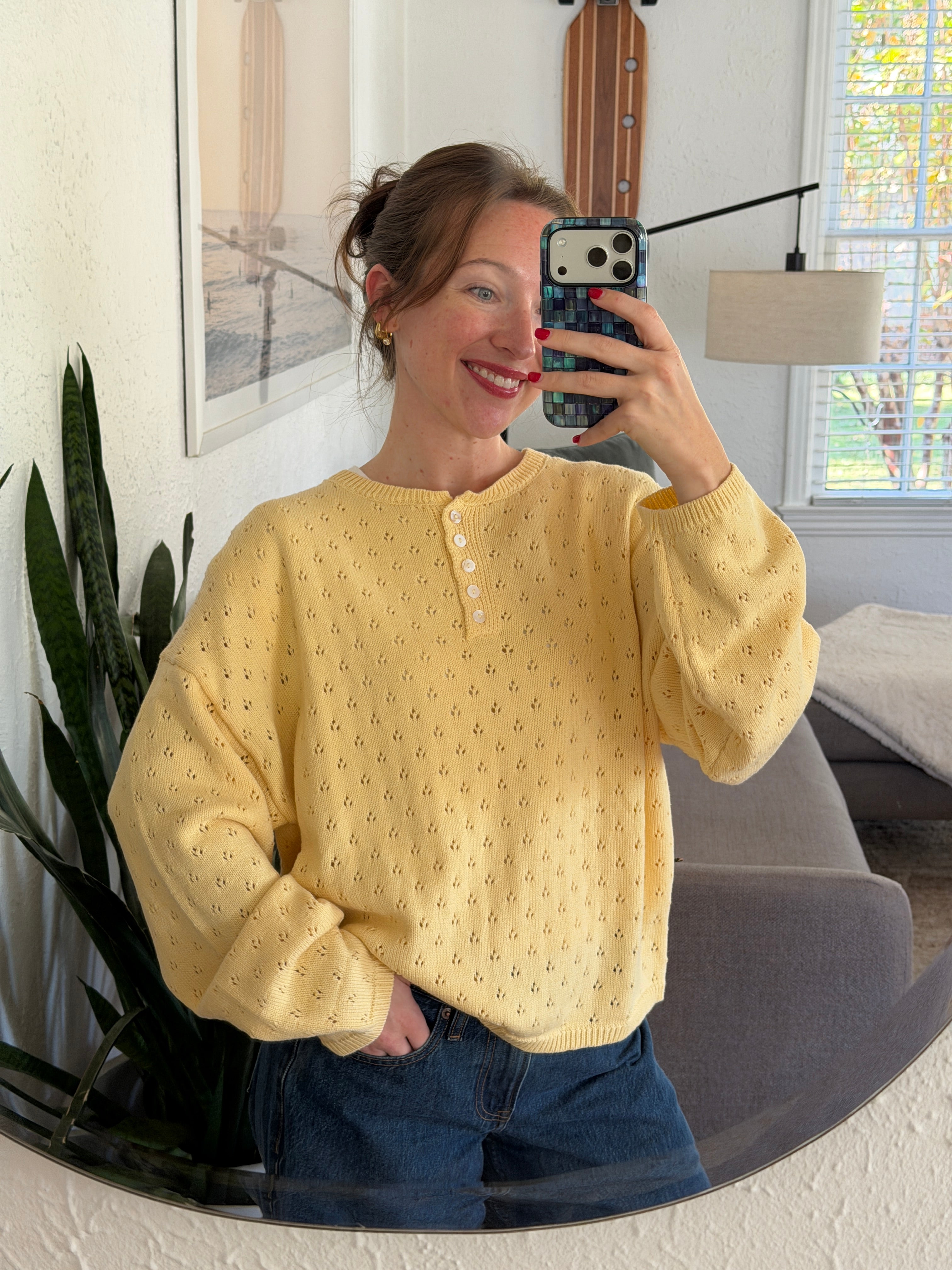 Things Between Amelia Butter Yellow Eyelet Henley Pullover