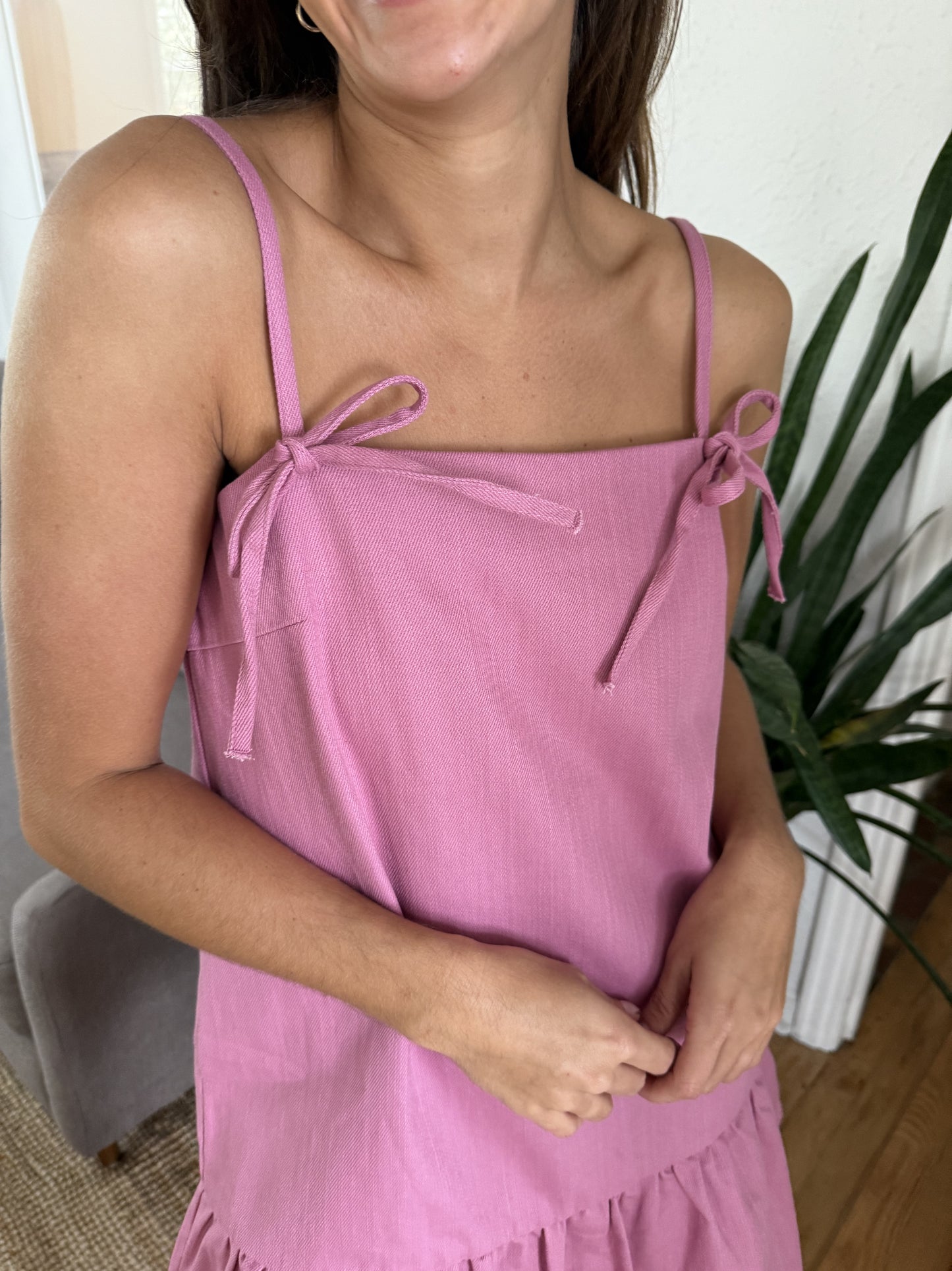 Aureum Kimberly Denim Tie Strap Mini Dress (Pink)