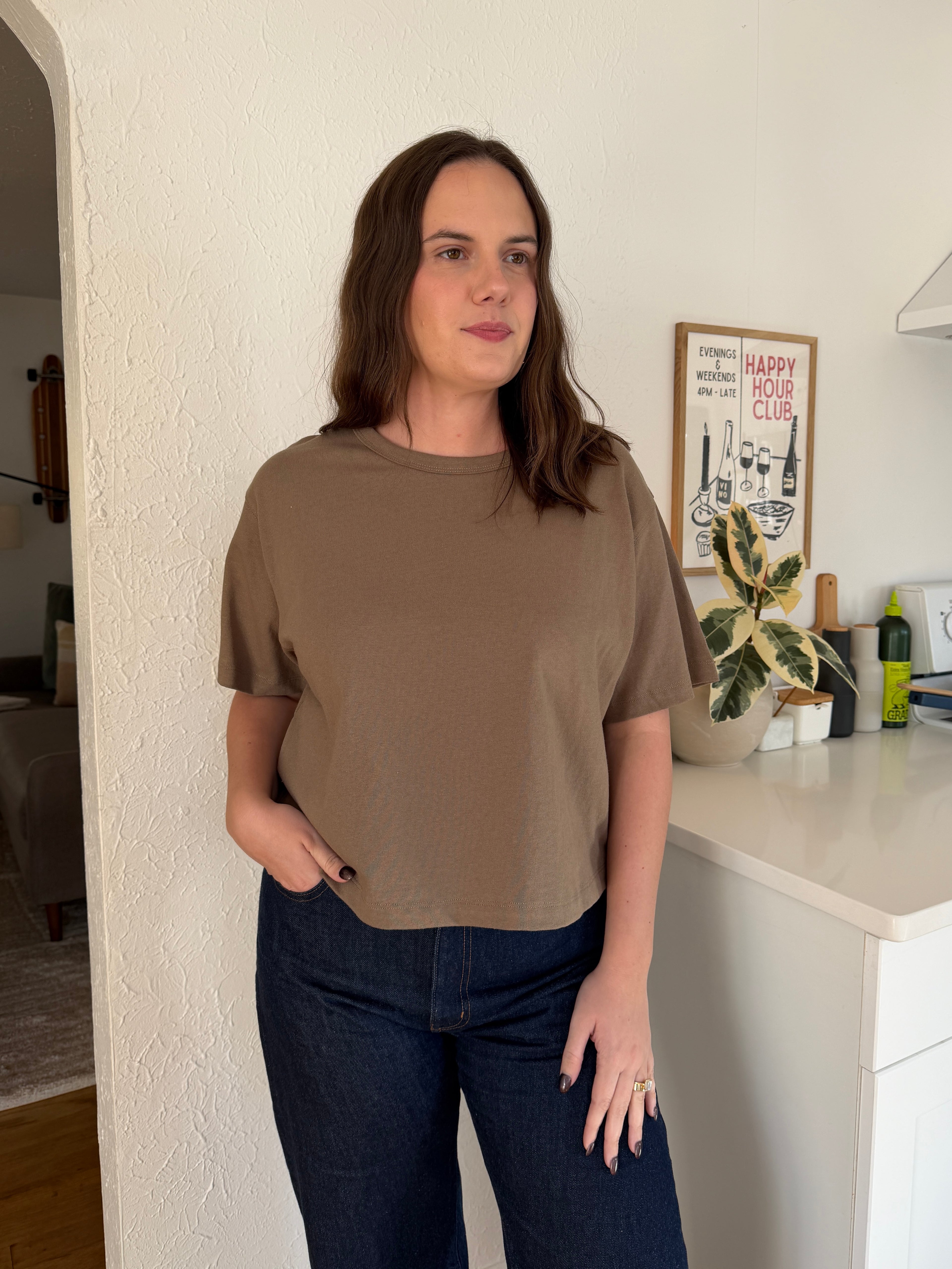 Miou Muse Blake Olive Linen Boxy Cropped T-Shirt