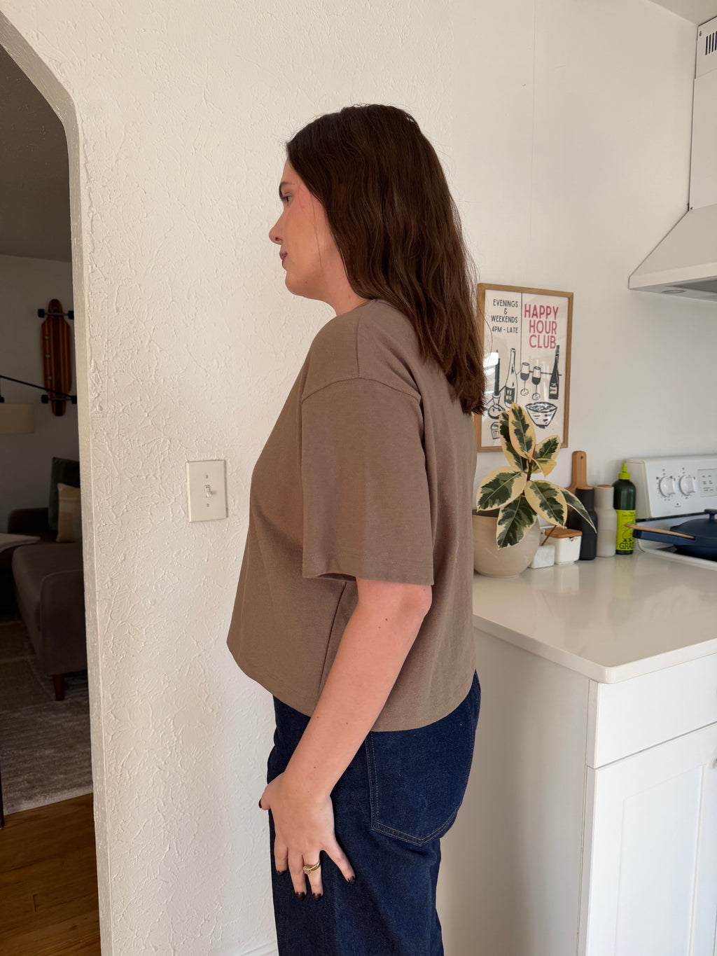 Miou Muse Blake Olive Linen Boxy Cropped T-Shirt