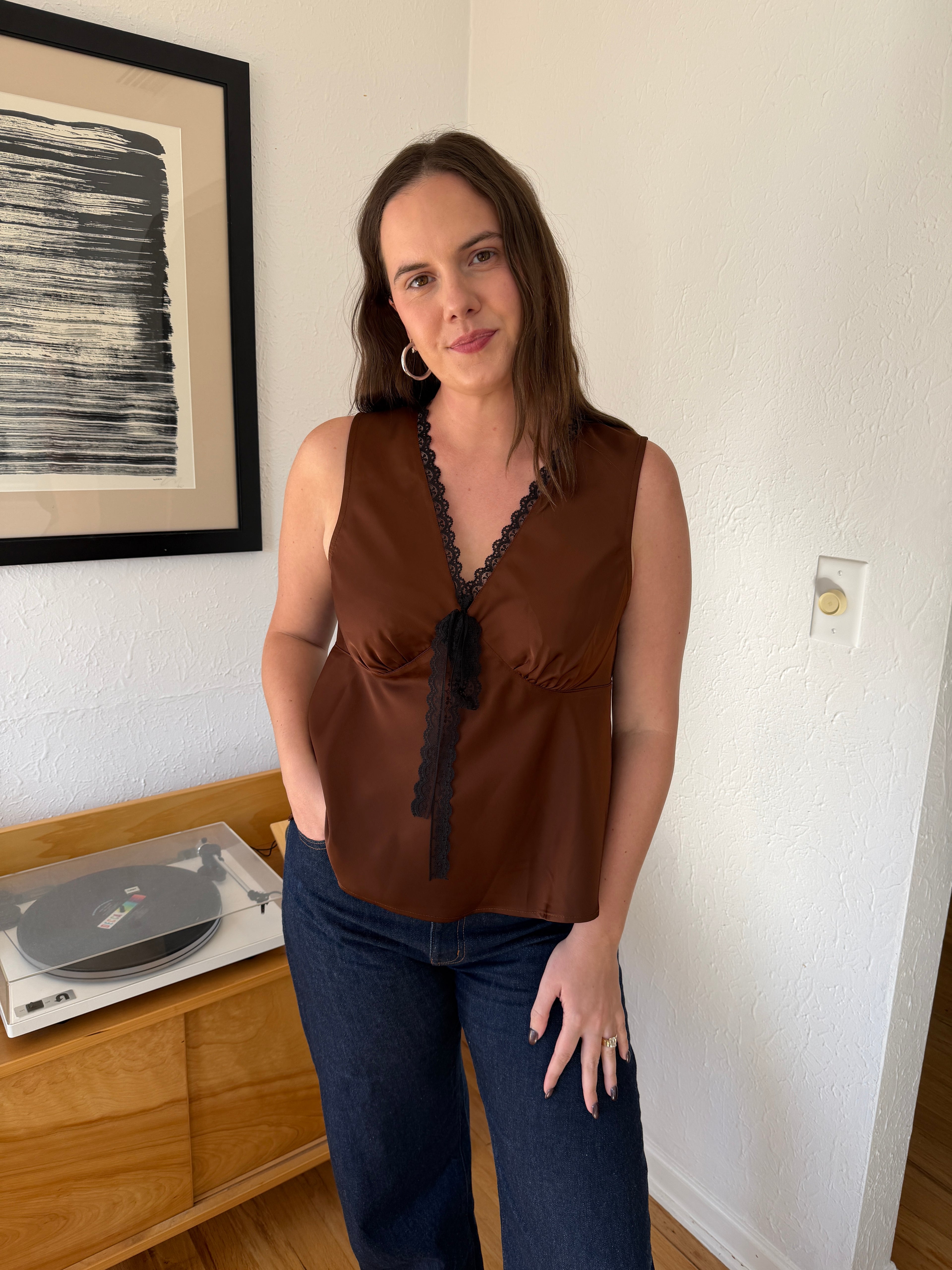 Ariel Black and Brown Lace Sleeveless Satin Top