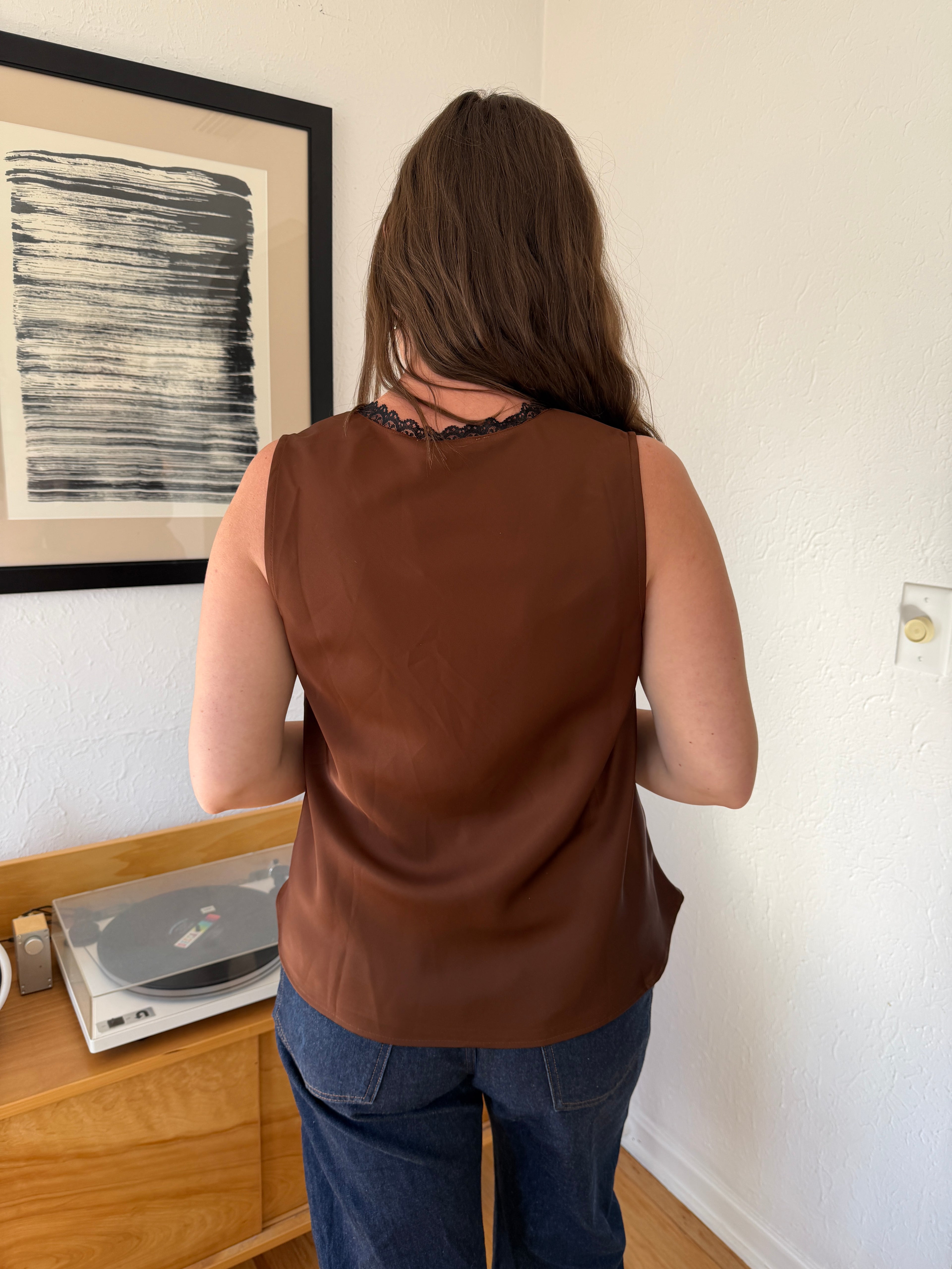 Ariel Black and Brown Lace Sleeveless Satin Top