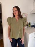 Addison Cotton Flutter Sleeve Poplin Top (Sage)