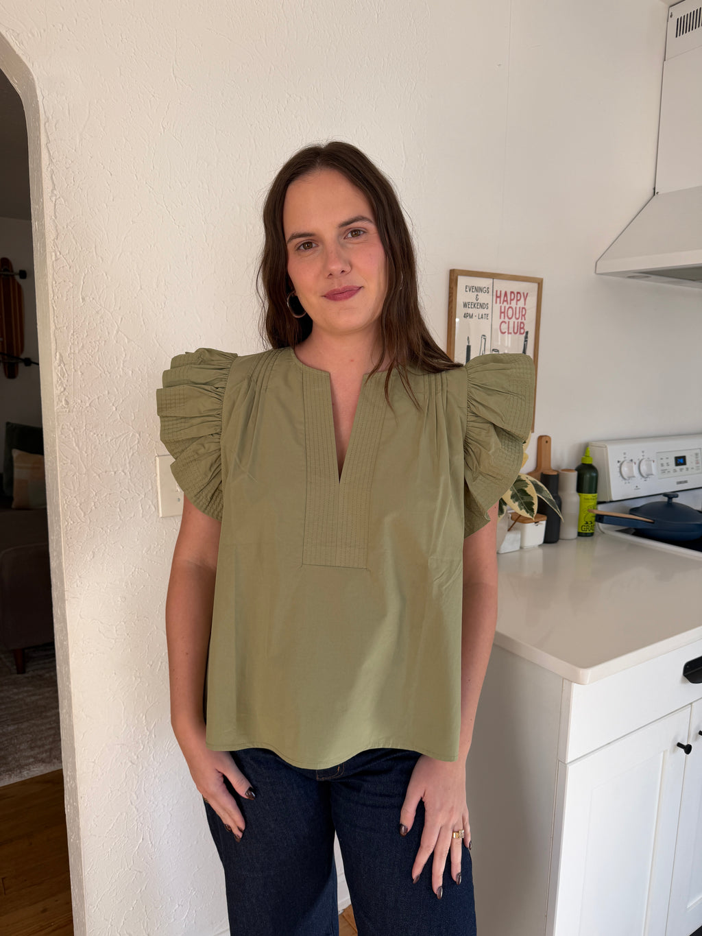 Addison Cotton Flutter Sleeve Poplin Top (Sage)