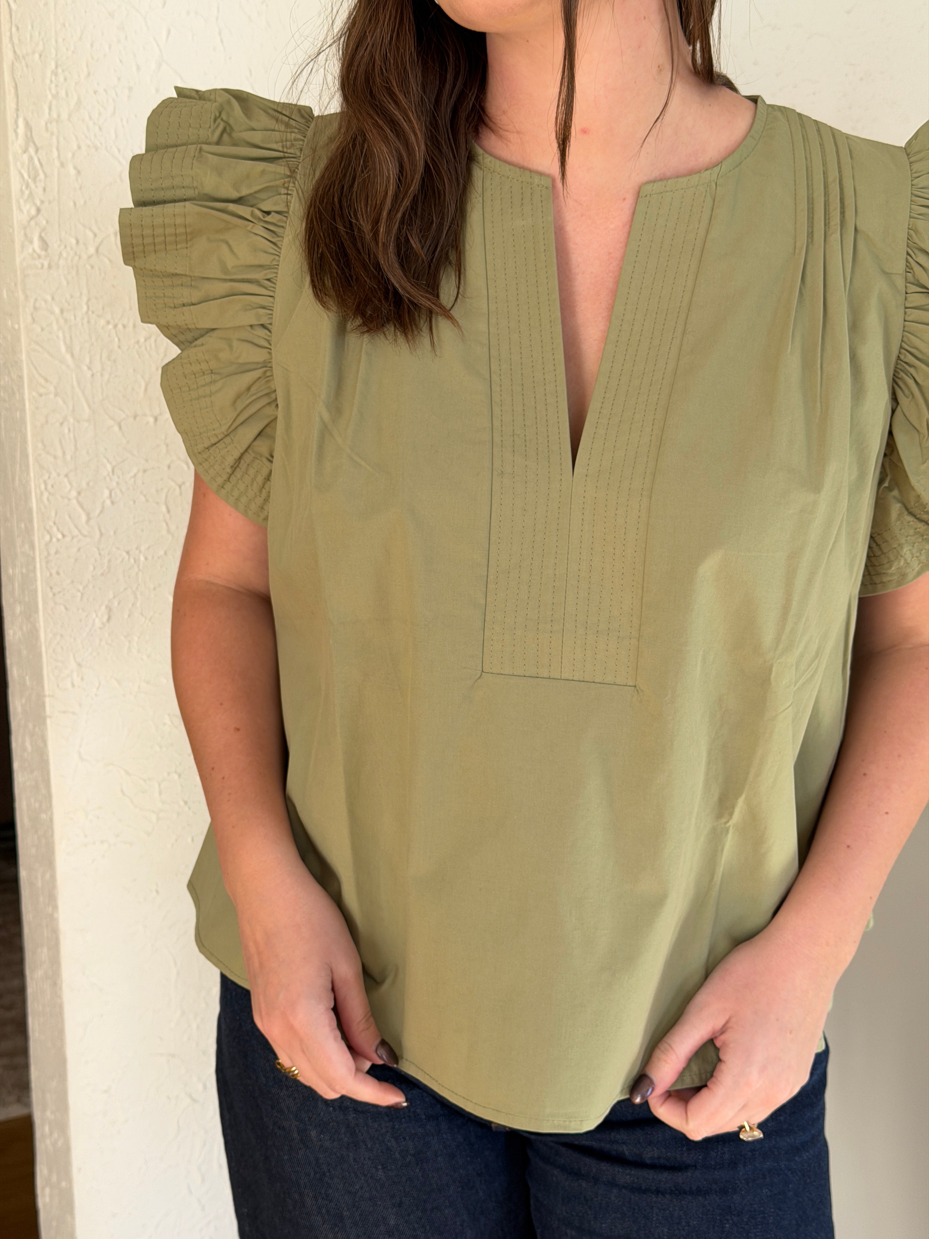 Addison Cotton Flutter Sleeve Poplin Top (Sage)