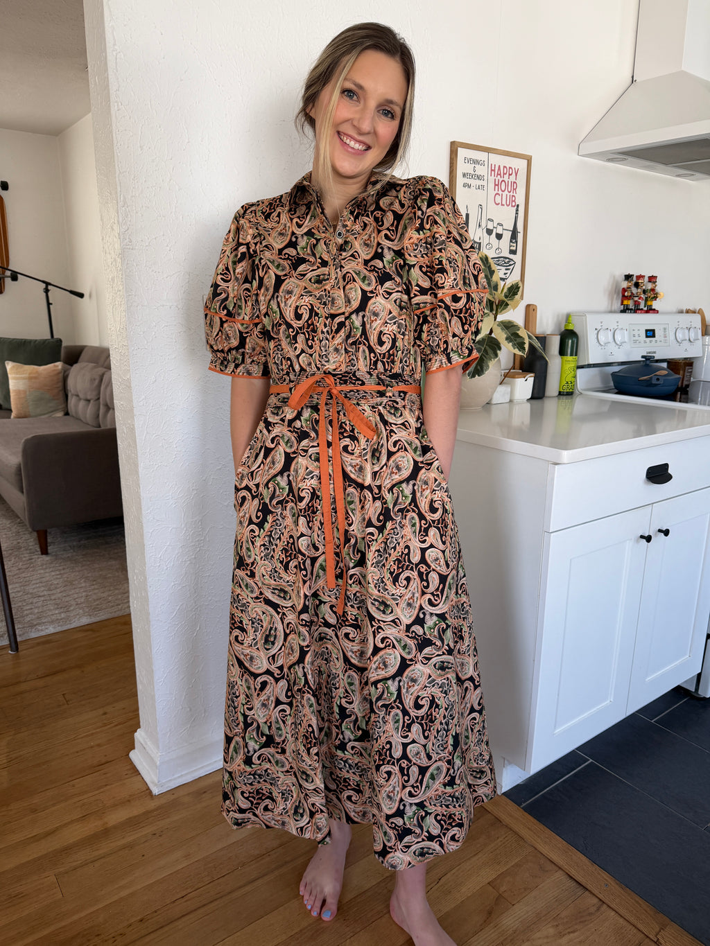 Bianca Abstract Print Puff Sleeve Belted Midi Dress