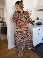 Bianca Abstract Print Puff Sleeve Belted Midi Dress