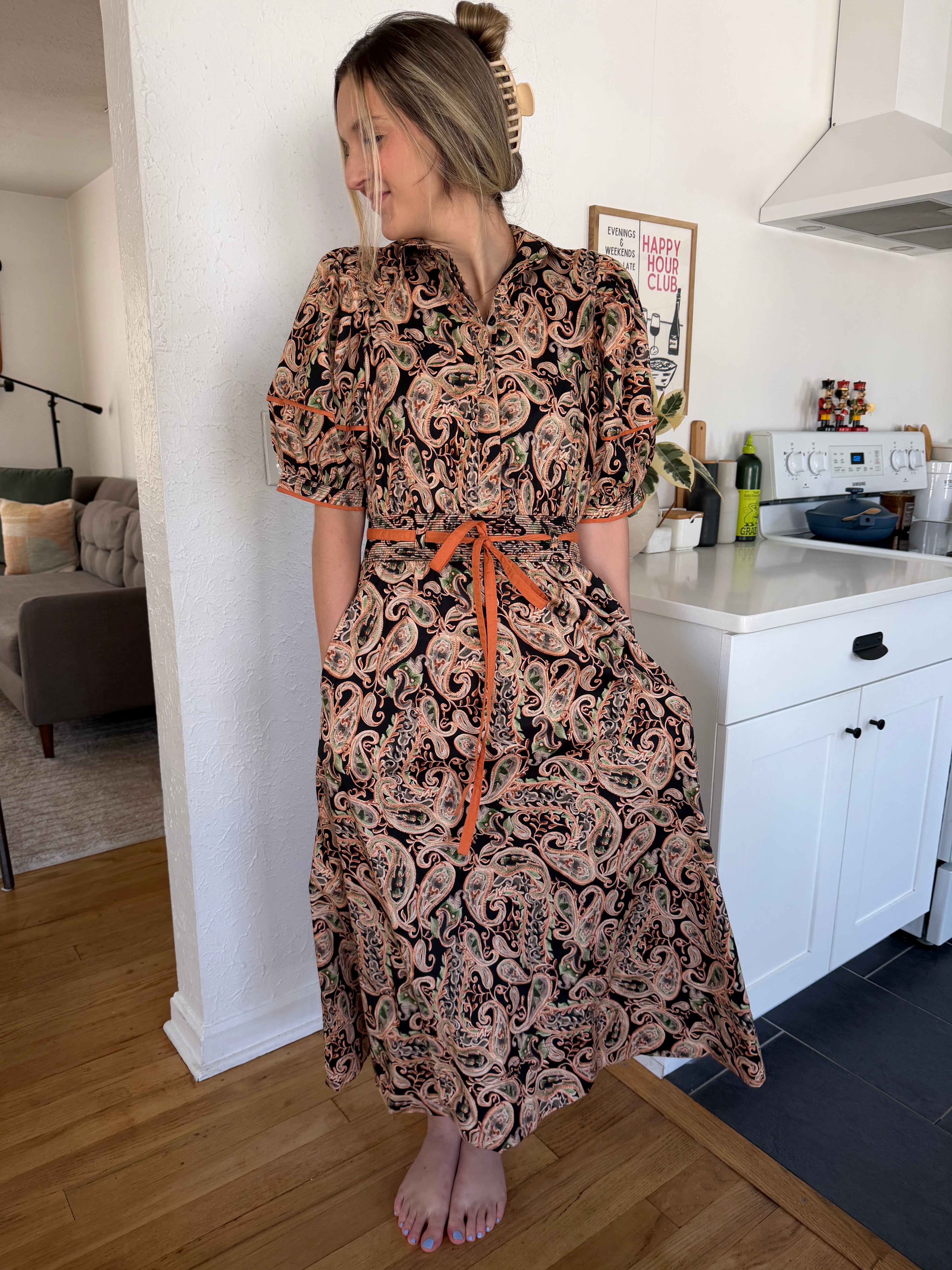 Bianca Abstract Print Puff Sleeve Belted Midi Dress