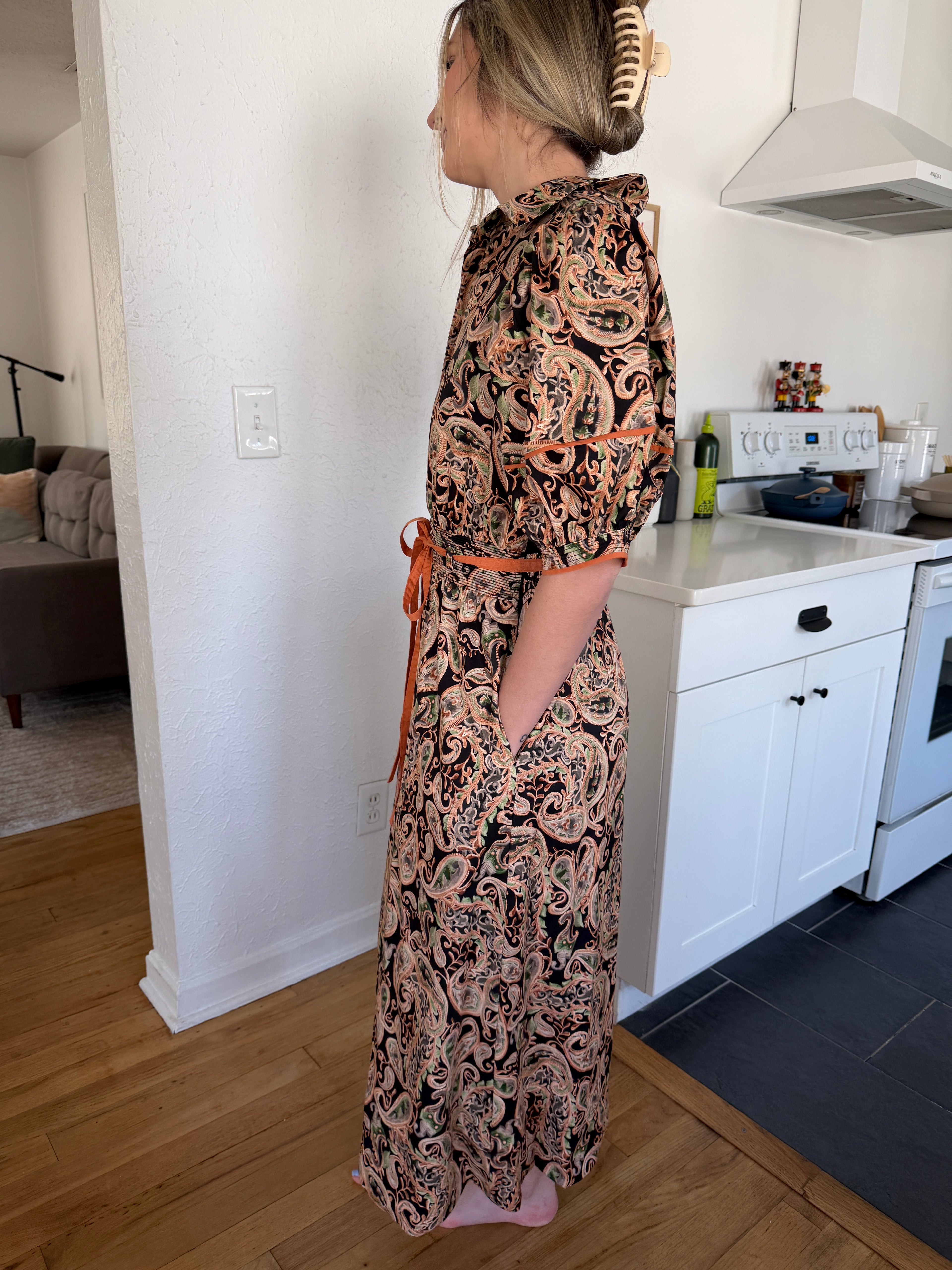 Bianca Abstract Print Puff Sleeve Belted Midi Dress