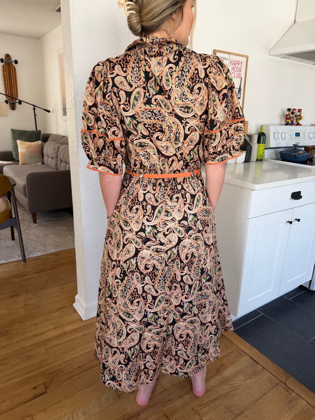 Bianca Abstract Print Puff Sleeve Belted Midi Dress