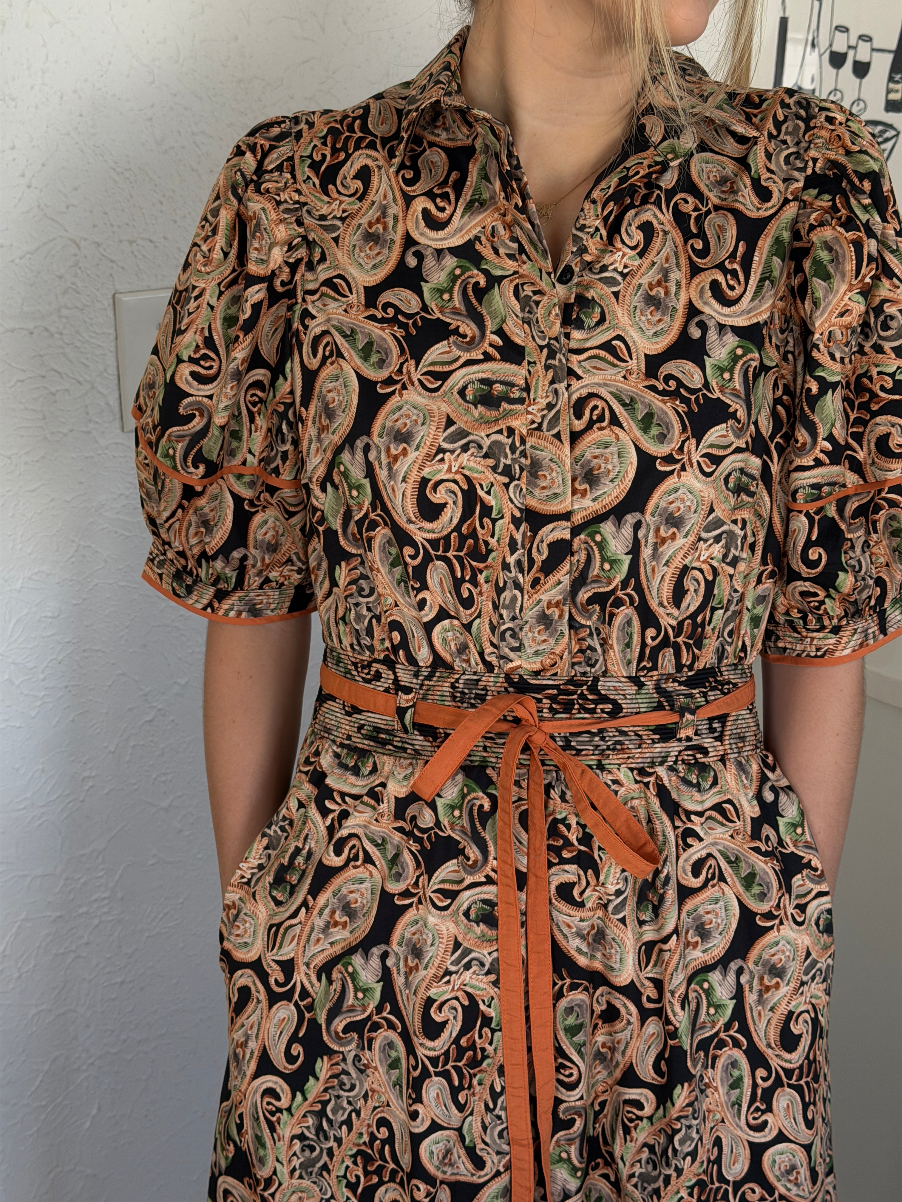 Bianca Abstract Print Puff Sleeve Belted Midi Dress