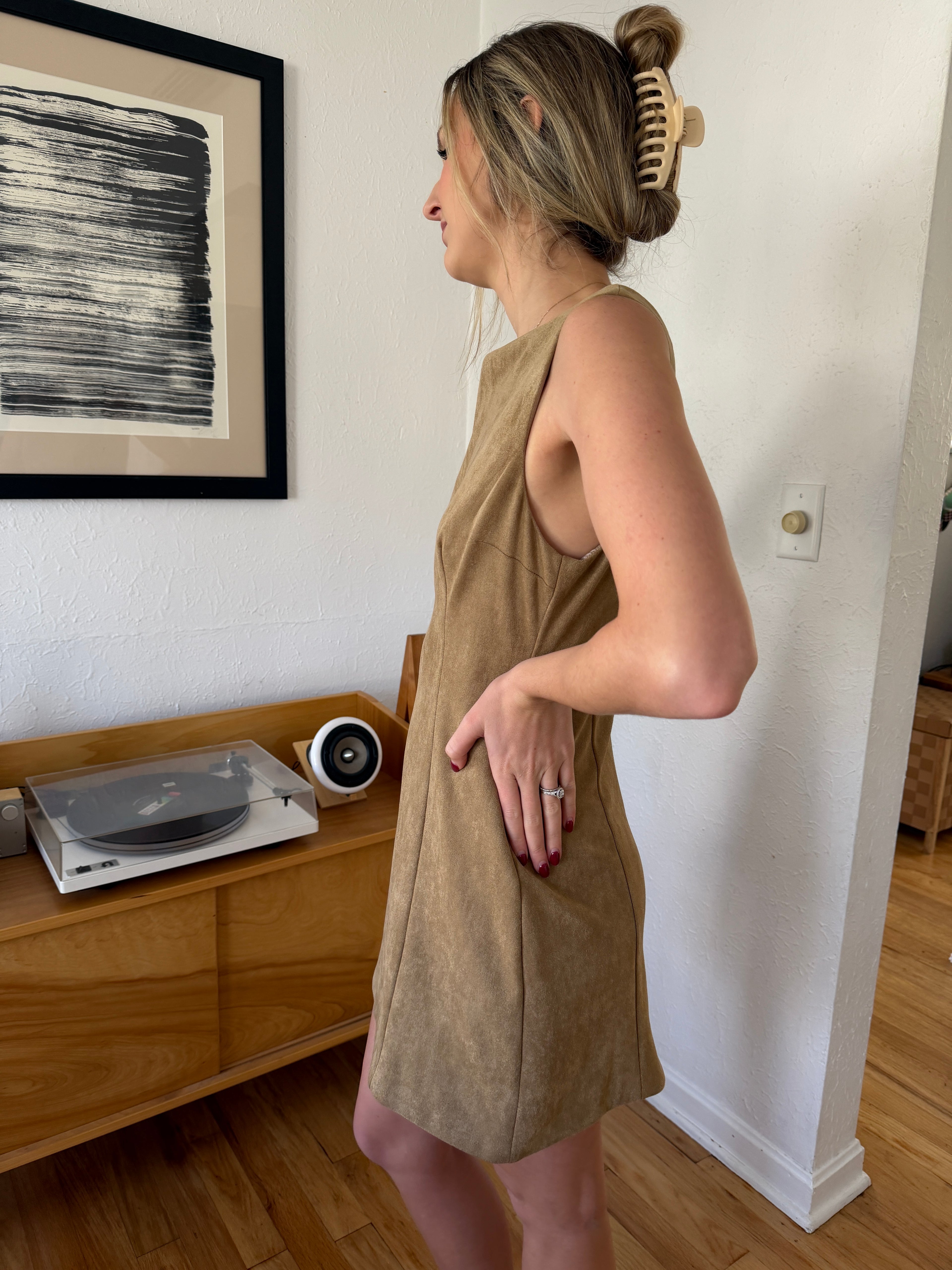 Sofie the Label Kiara Tan Suede High Neck Mini Dress