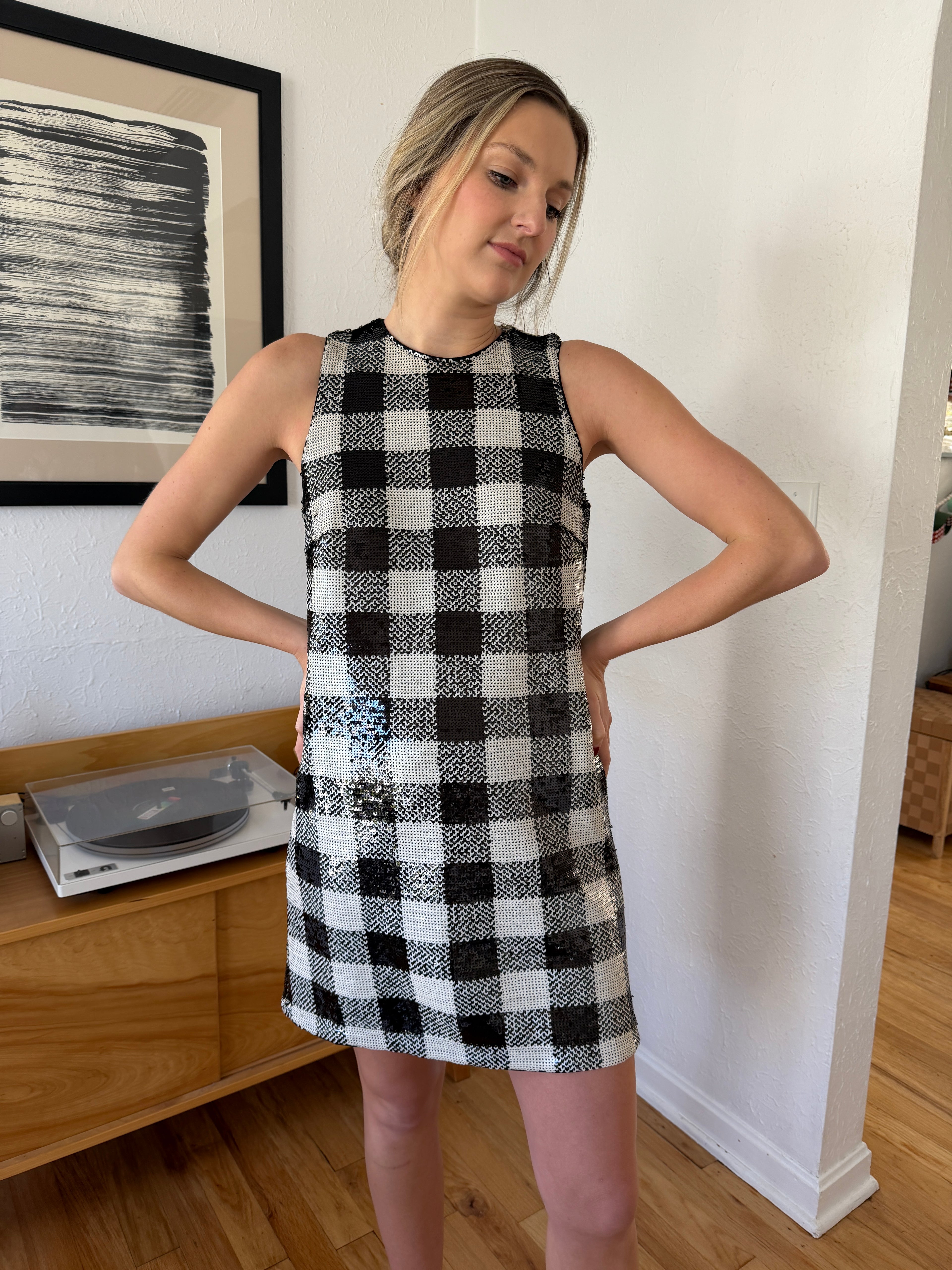 FRNCH Carra Black Gingham Sequin Tank Mini Dress