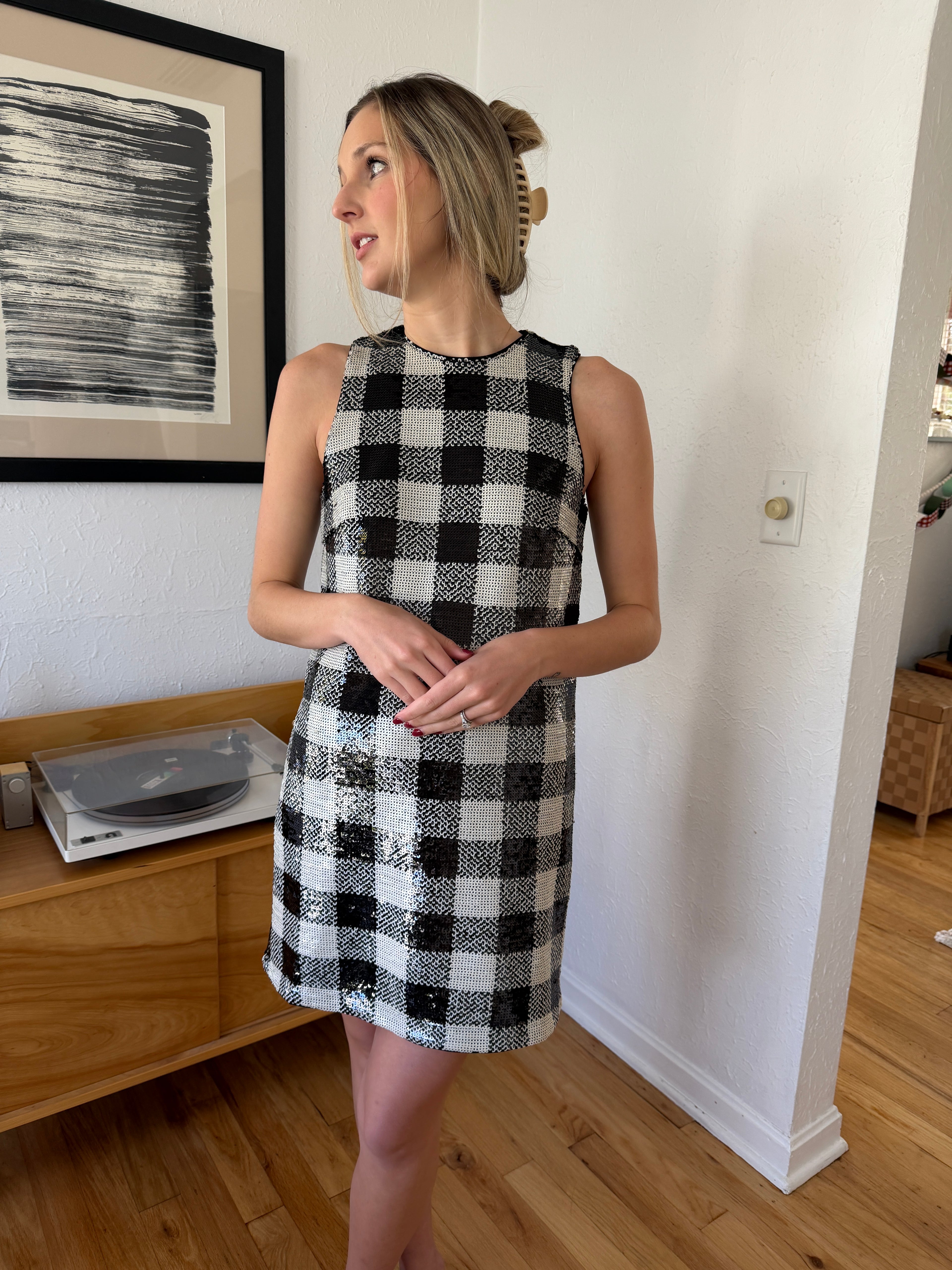 FRNCH Carra Black Gingham Sequin Tank Mini Dress