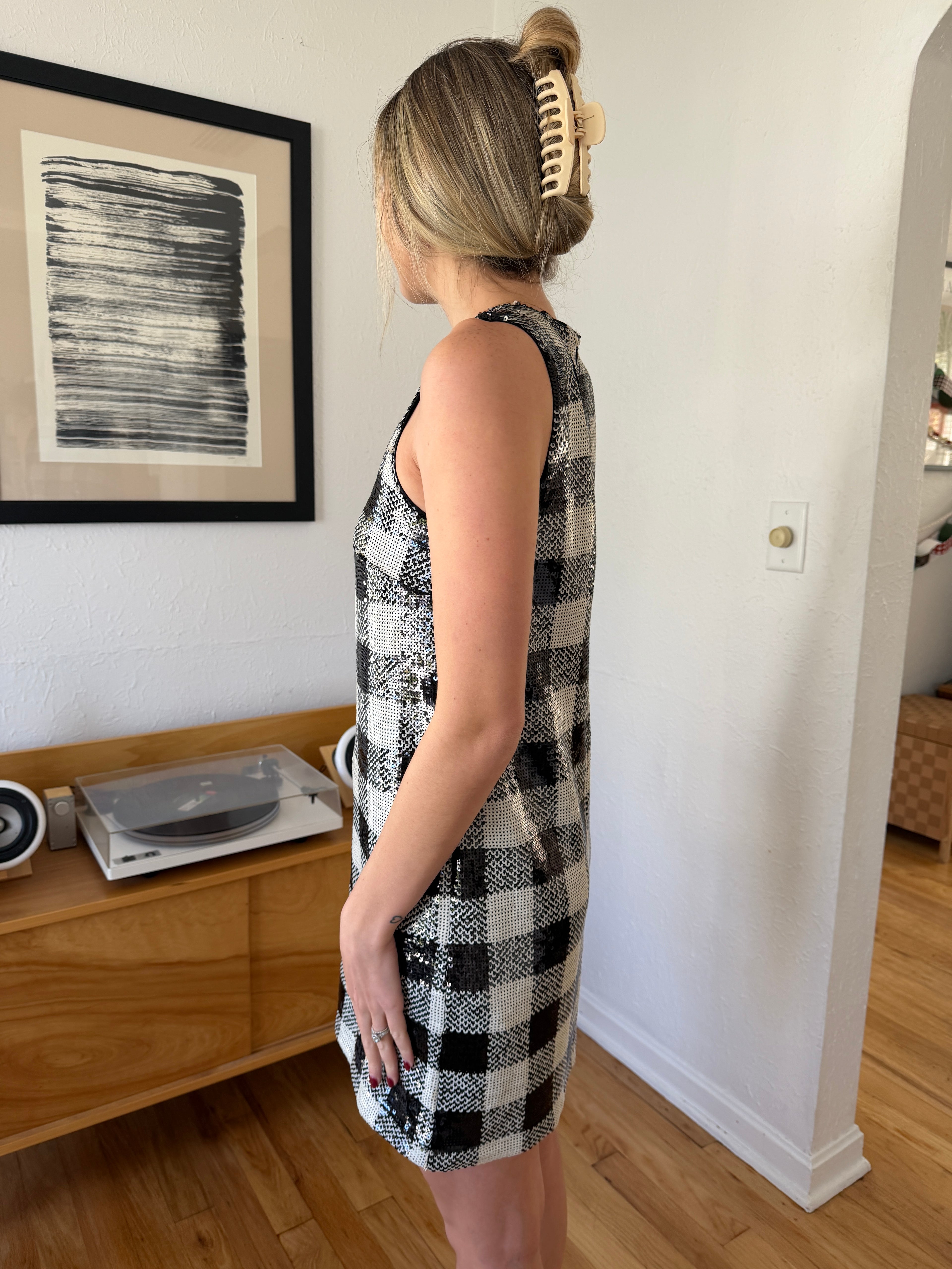 FRNCH Carra Black Gingham Sequin Tank Mini Dress