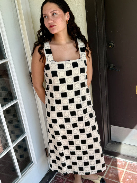 Aureum Mia Crochet Checkered Tank Midi Dress (Black) M