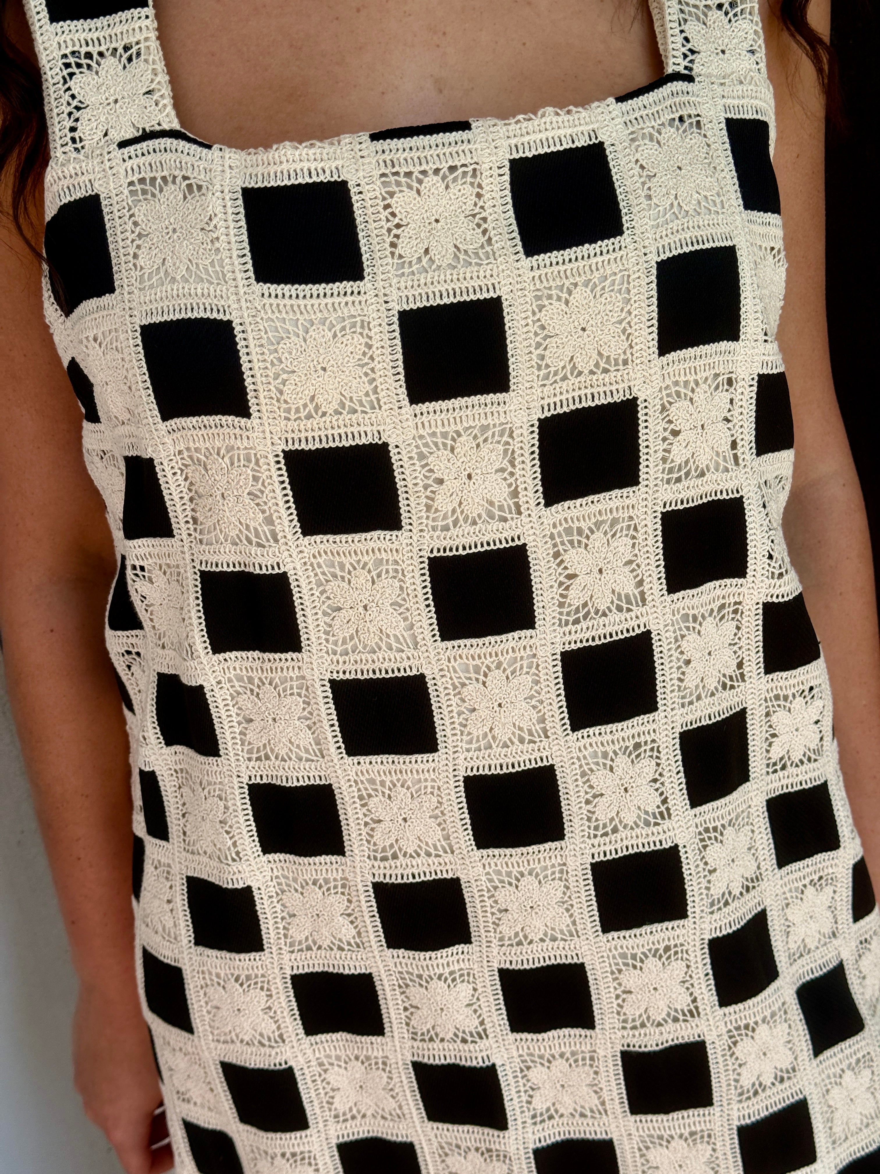 Aureum Mia Crochet Checkered Tank Midi Dress (Black) M