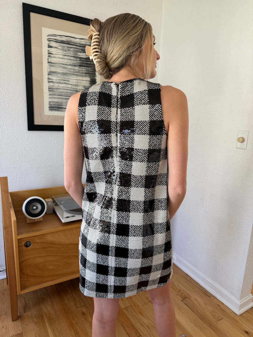 FRNCH Carra Black Gingham Sequin Tank Mini Dress