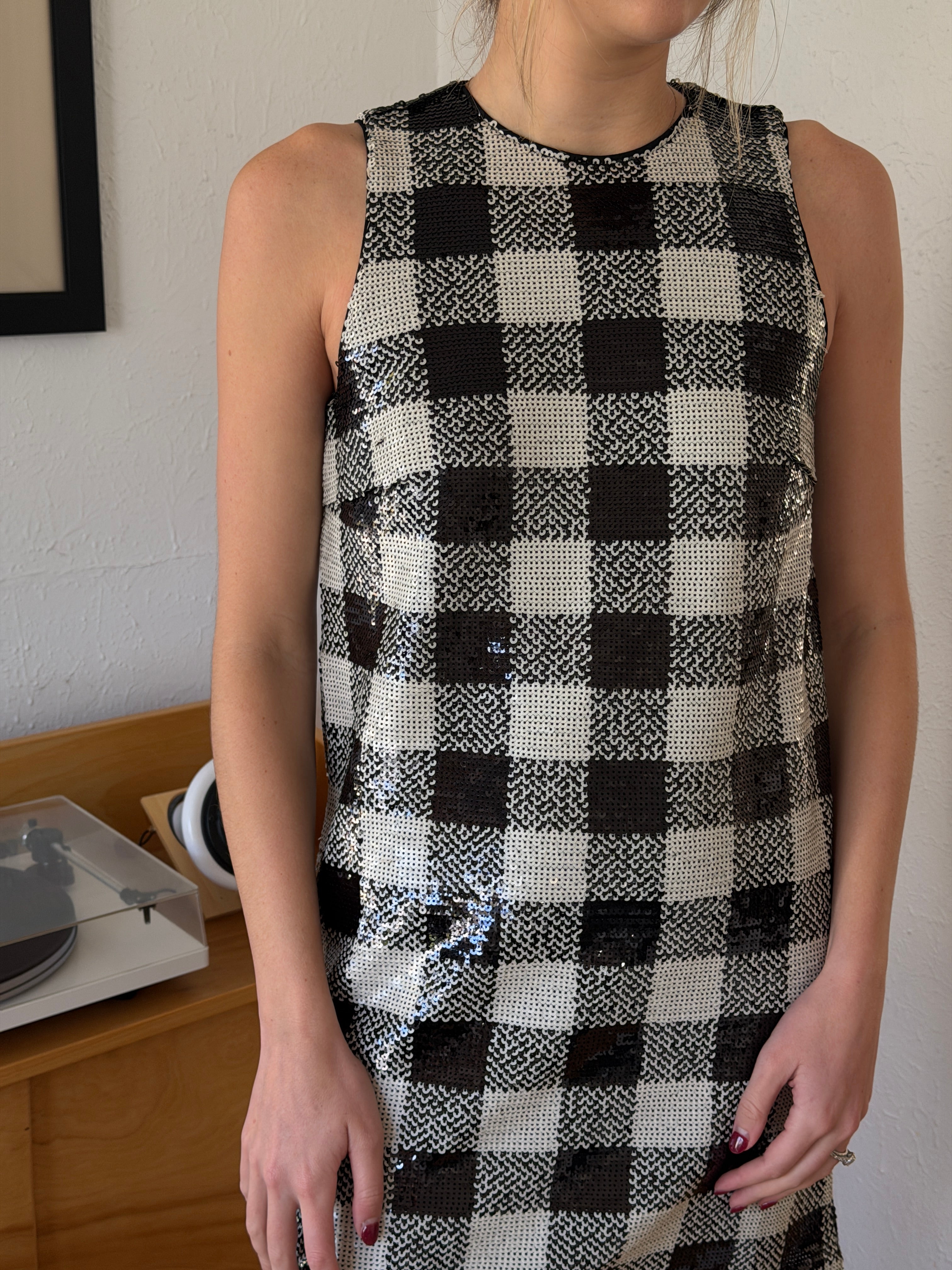 FRNCH Carra Black Gingham Sequin Tank Mini Dress