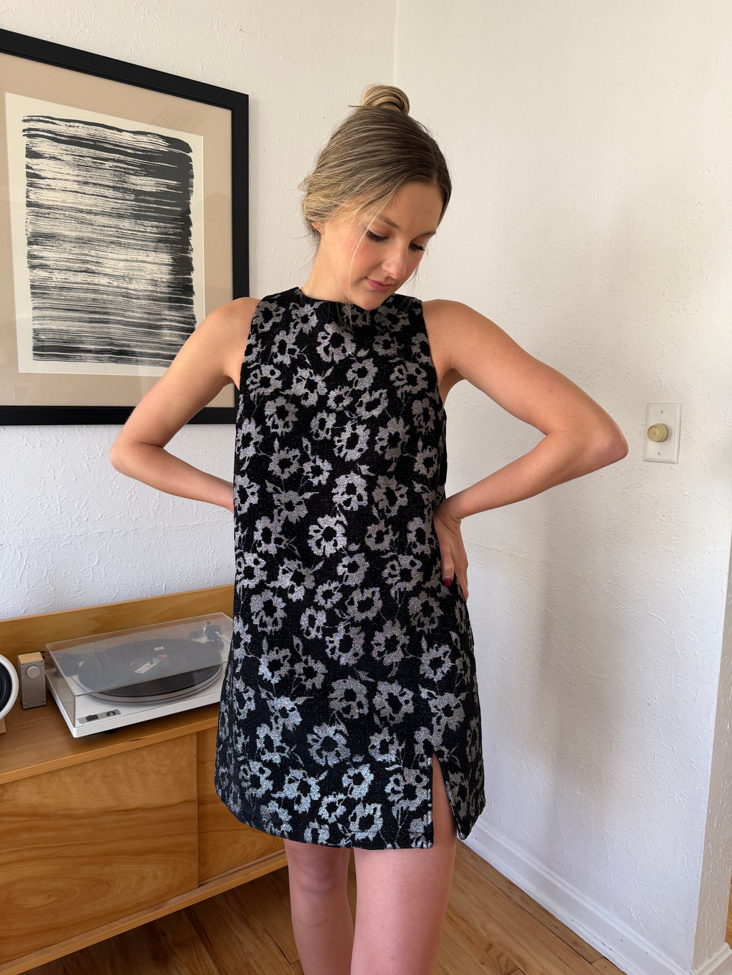 FRNCH Alicia Black Metallic Floral Jacquard Mini Dress