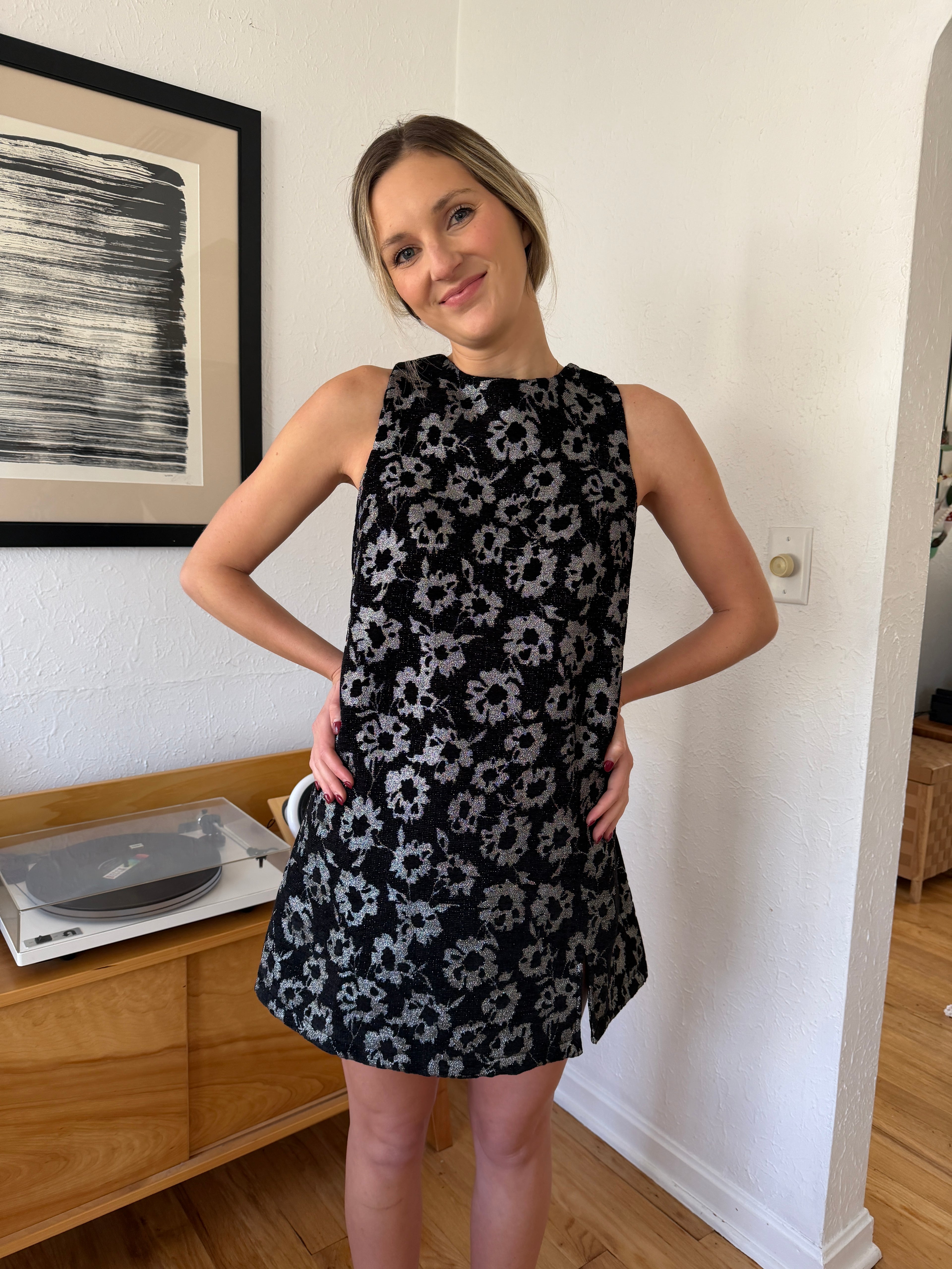 FRNCH Alicia Black Metallic Floral Jacquard Mini Dress