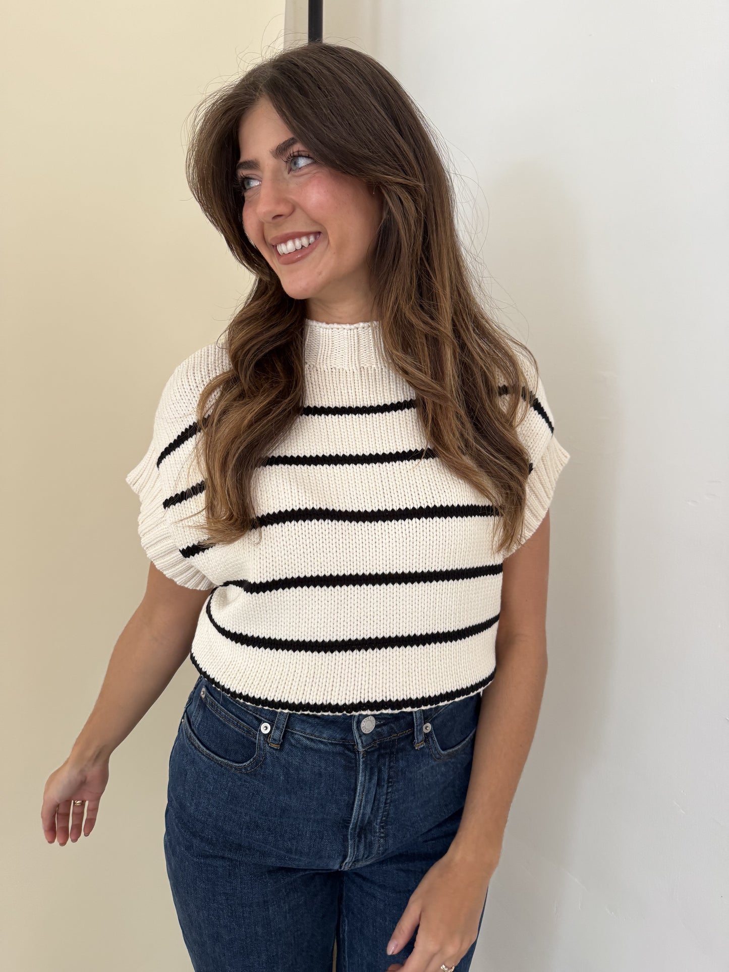 Miou Muse Lily Striped Dolman Short Sleeve Knit Top