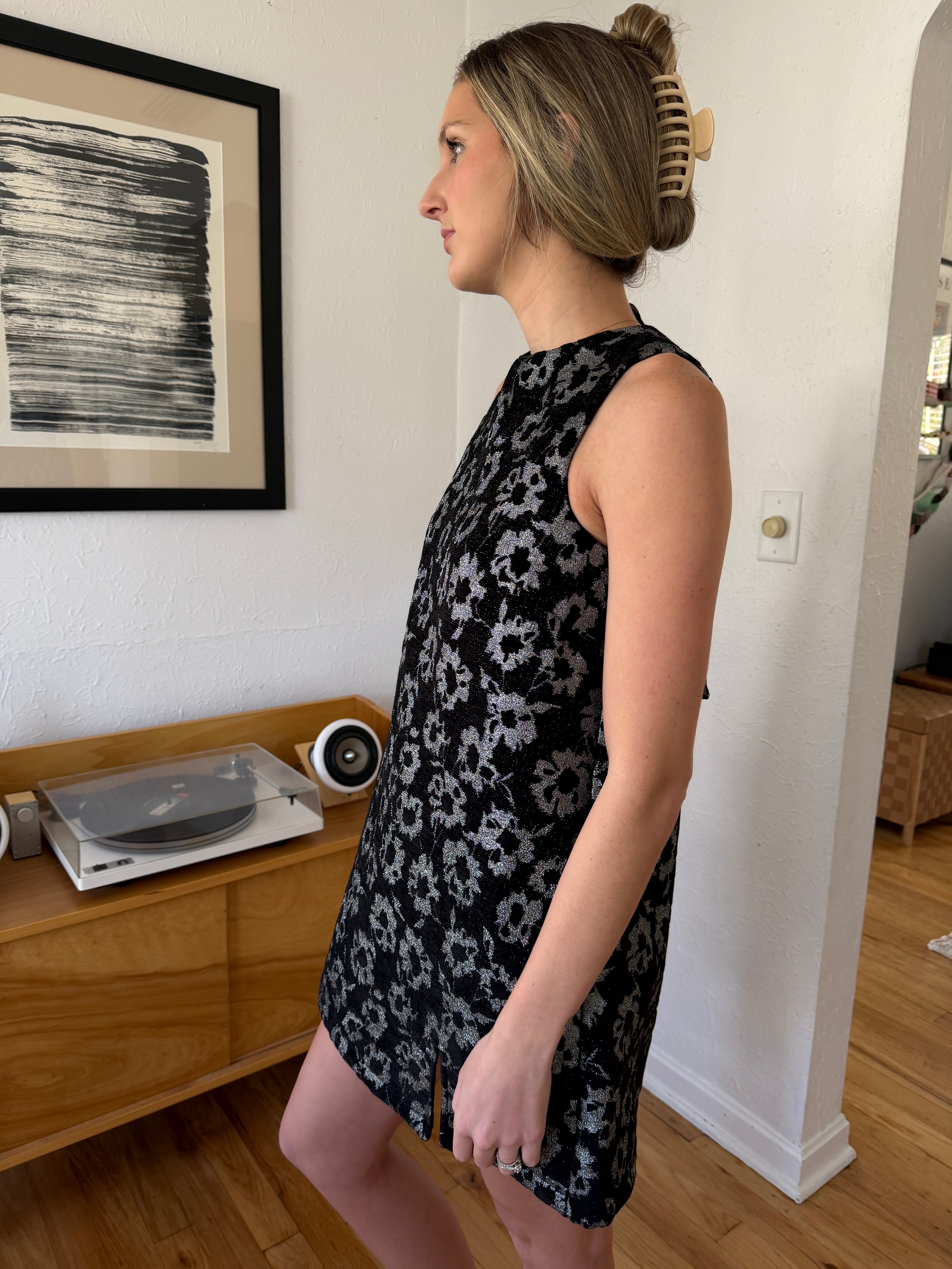 FRNCH Alicia Black Metallic Floral Jacquard Mini Dress