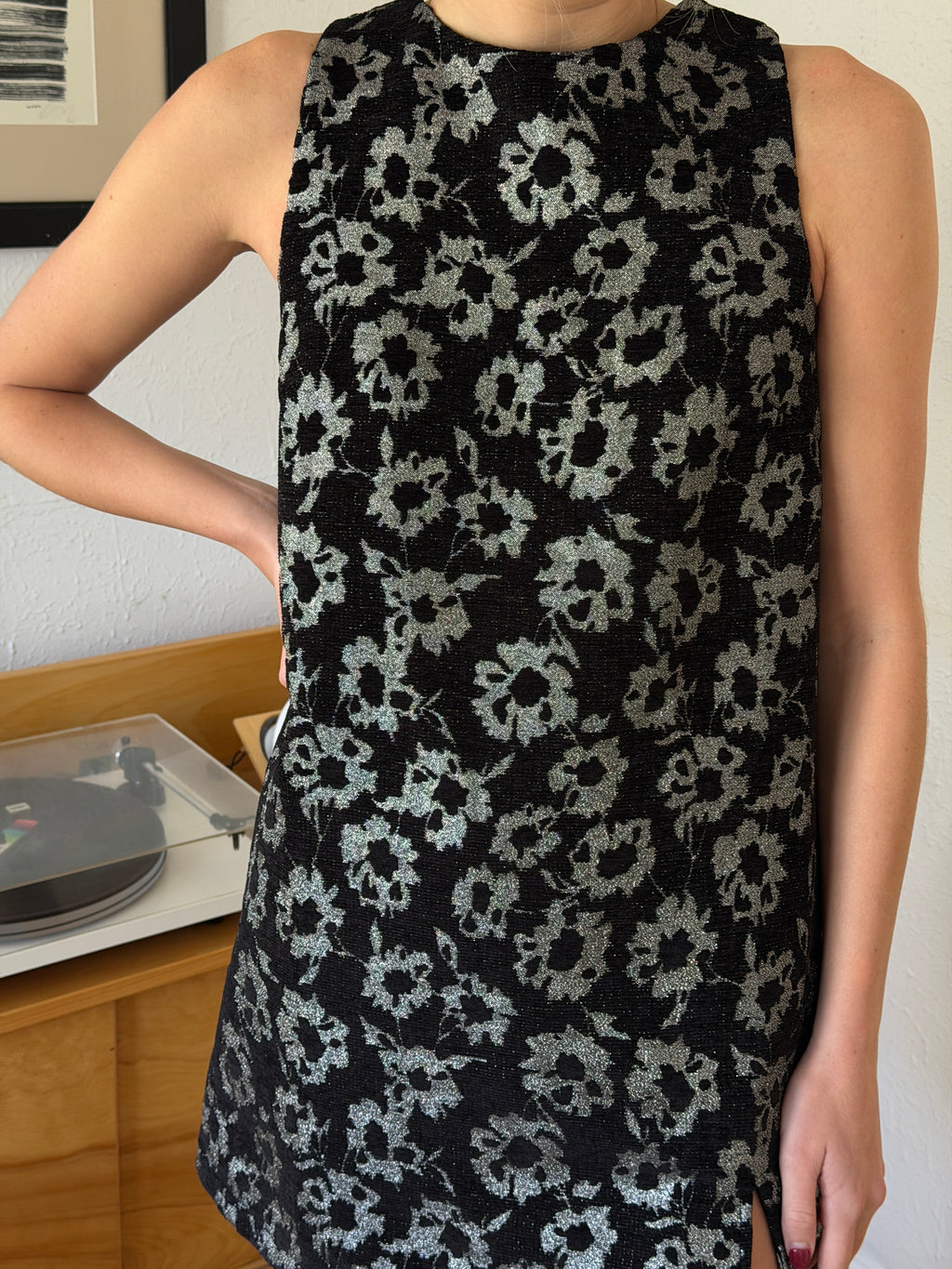 FRNCH Alicia Black Metallic Floral Jacquard Mini Dress