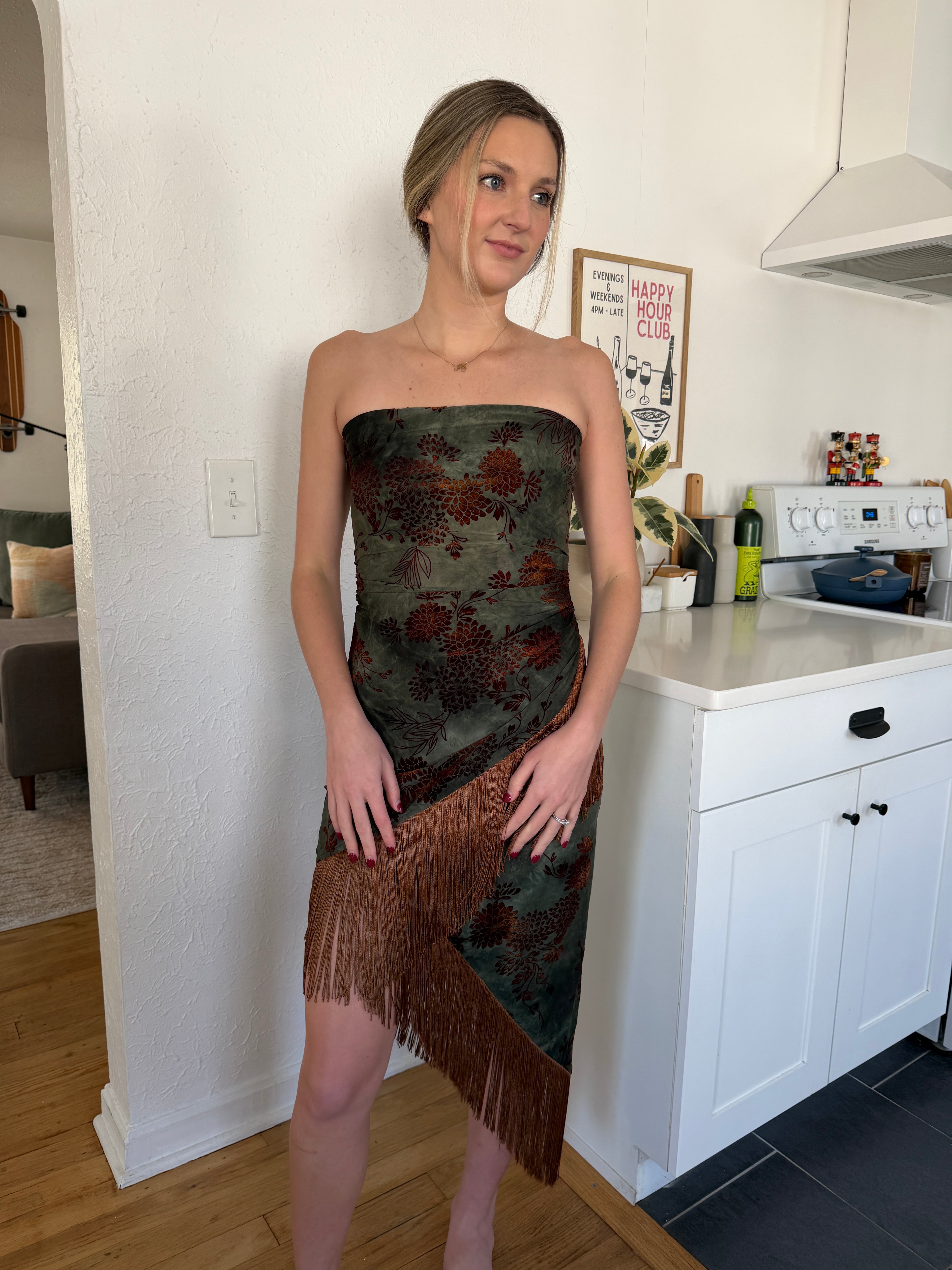 Carrie Green Velvet Strapless Asymmetrical Midi Dress