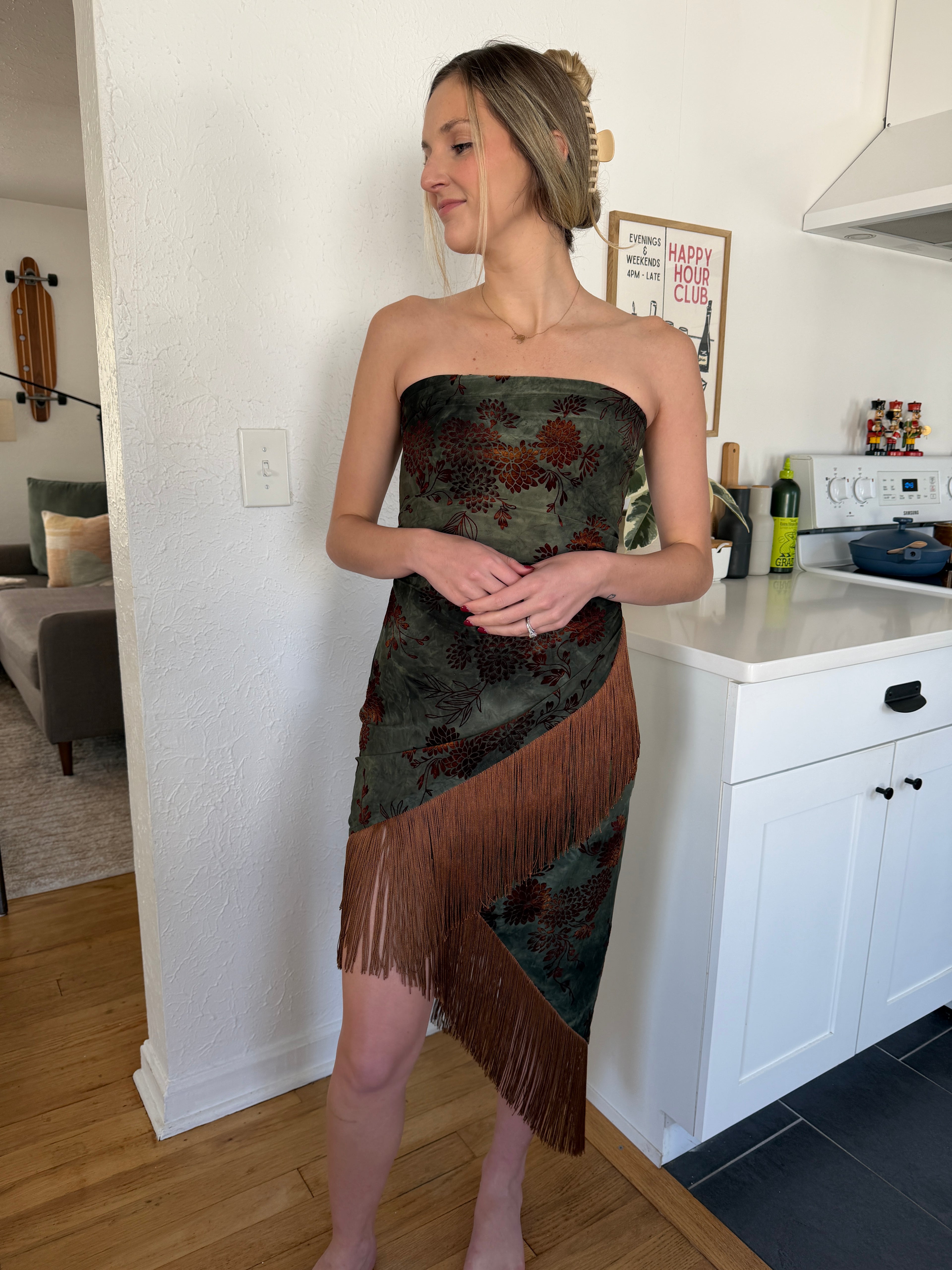 Carrie Green Velvet Strapless Asymmetrical Midi Dress